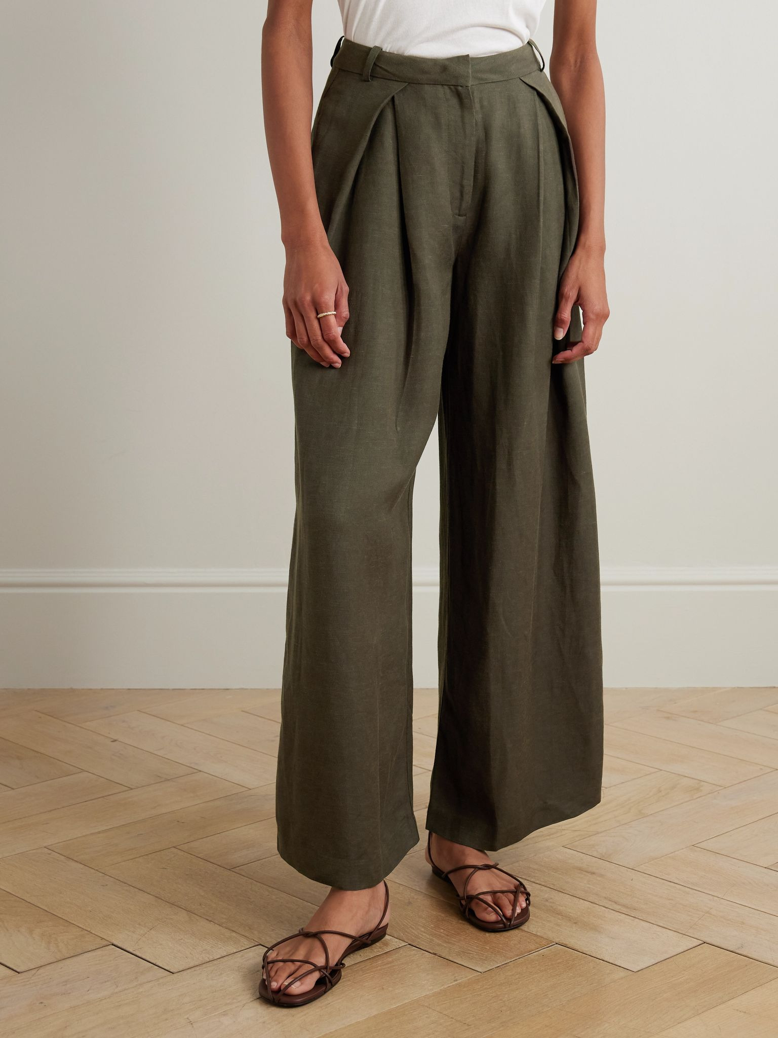 Astrid pleated woven wide-leg pants Dark green - 3