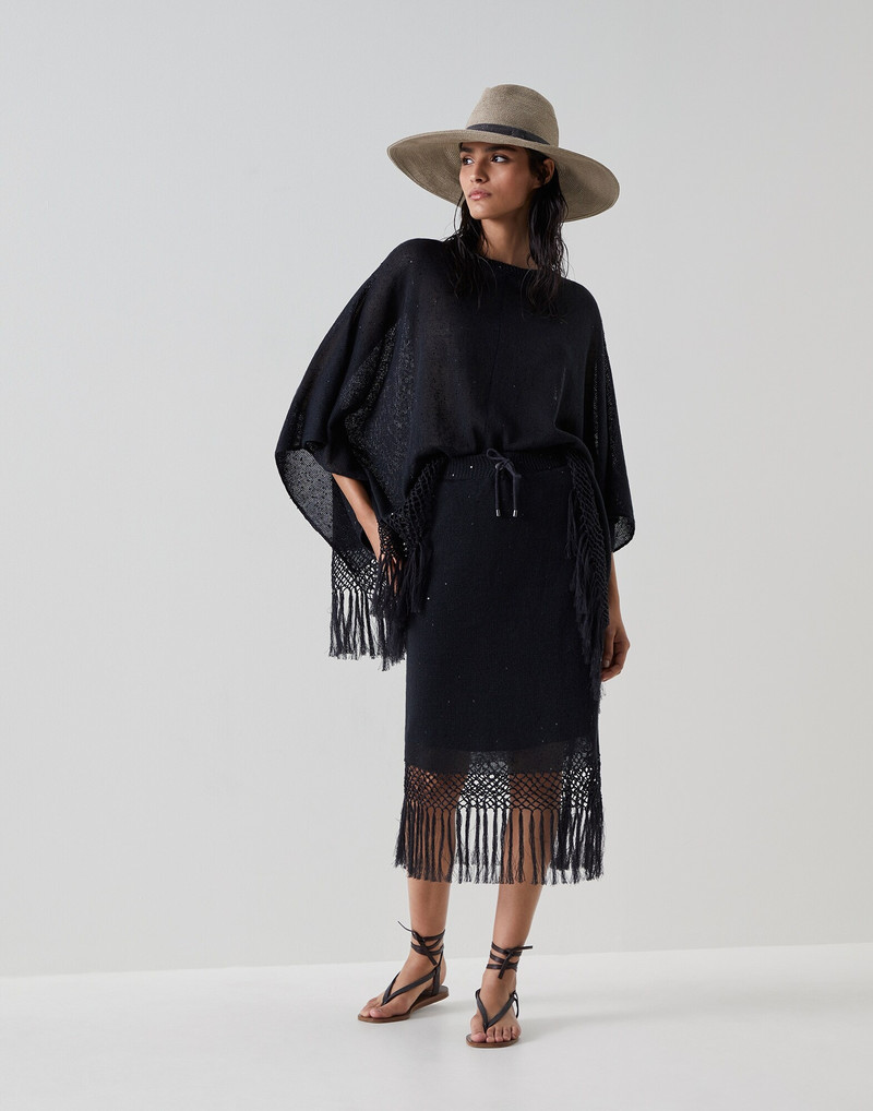 Brunello Cucinelli Linen and silk diamond yarn knit skirt with macramè fringe outlook