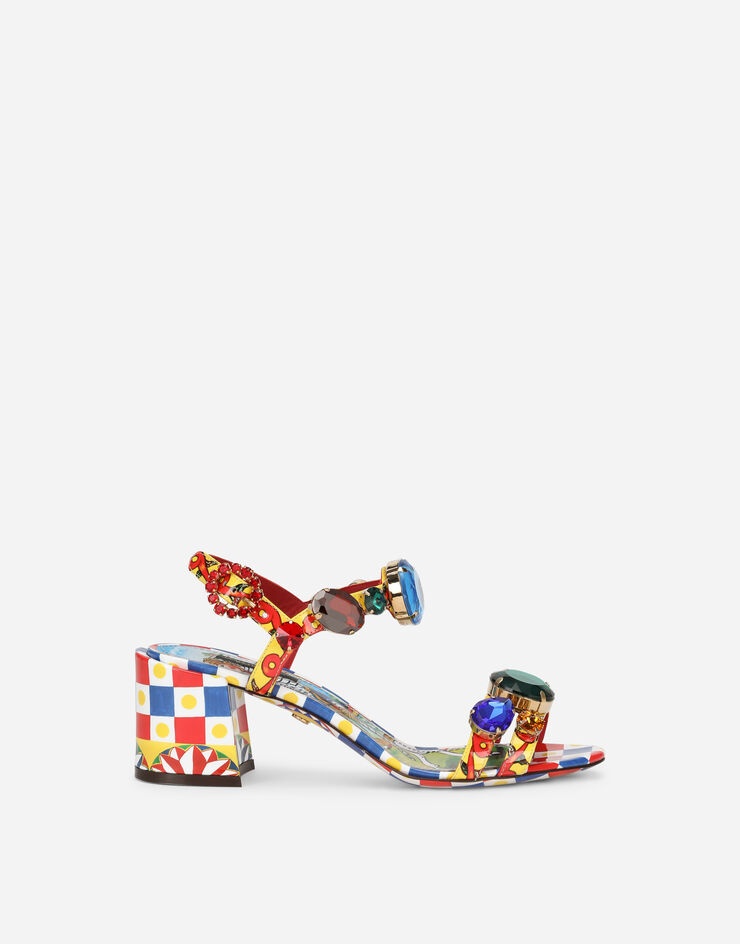 Carretto-print patent leather sandals with bejeweled appliqué - 1