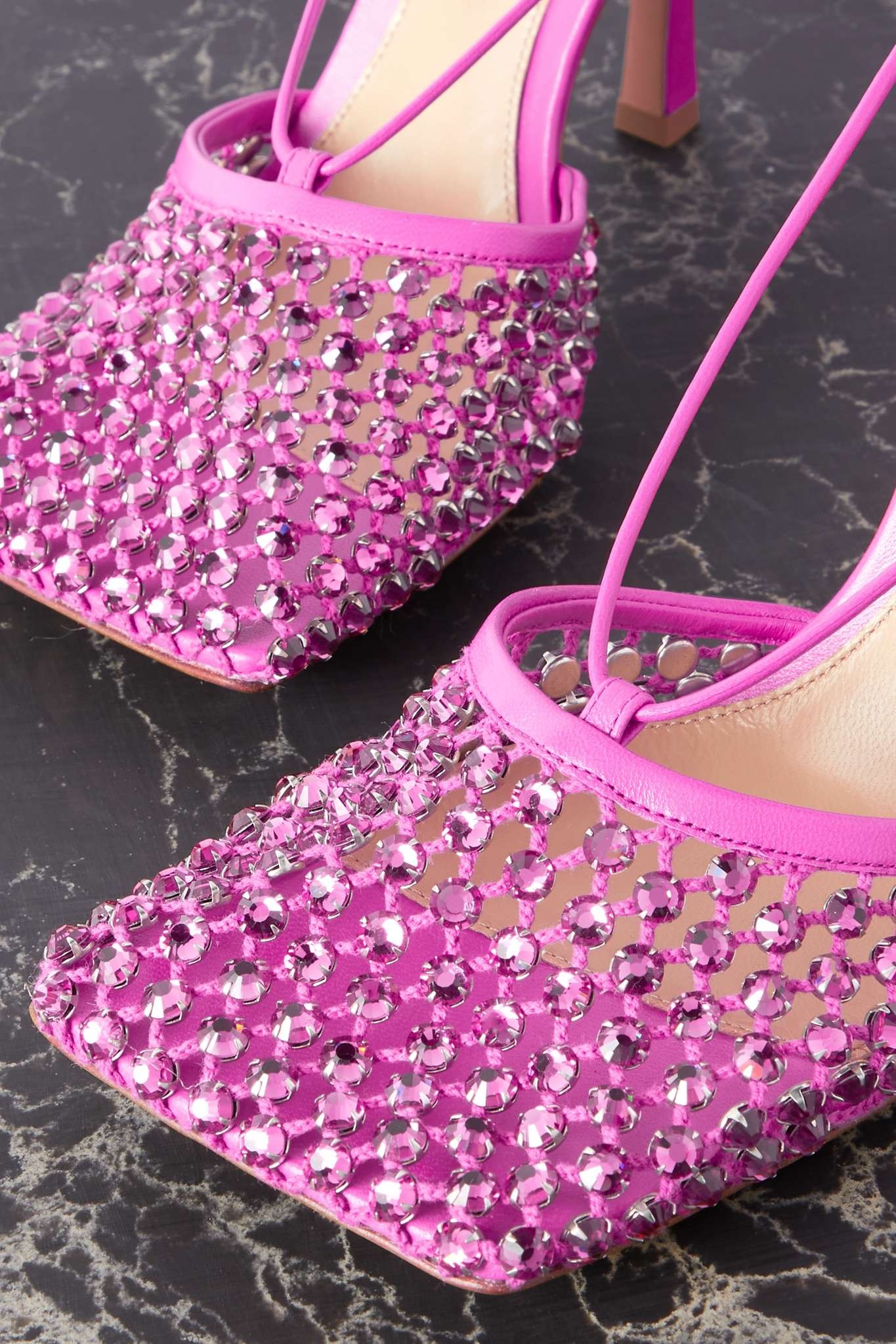 Leather-trimmed crystal-embellished woven pumps - 4