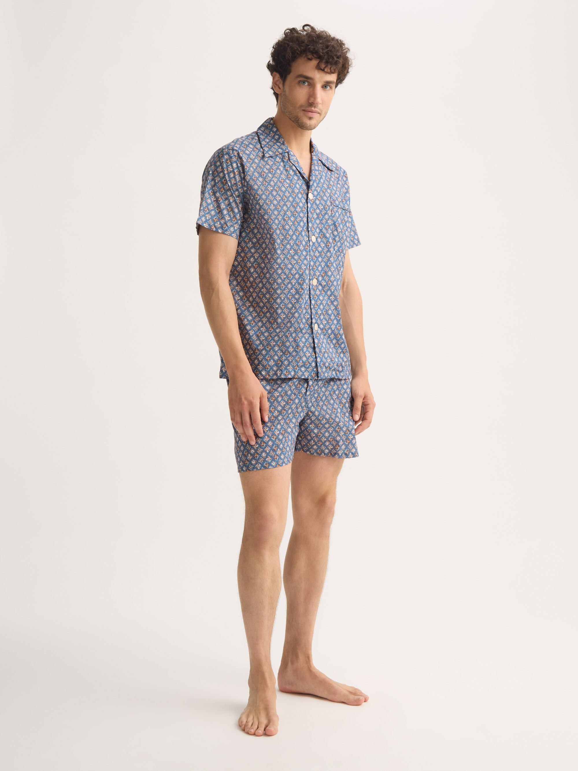 Men's Short Pajamas Cotton Batiste Blue Multicolor Diamond Print - 3