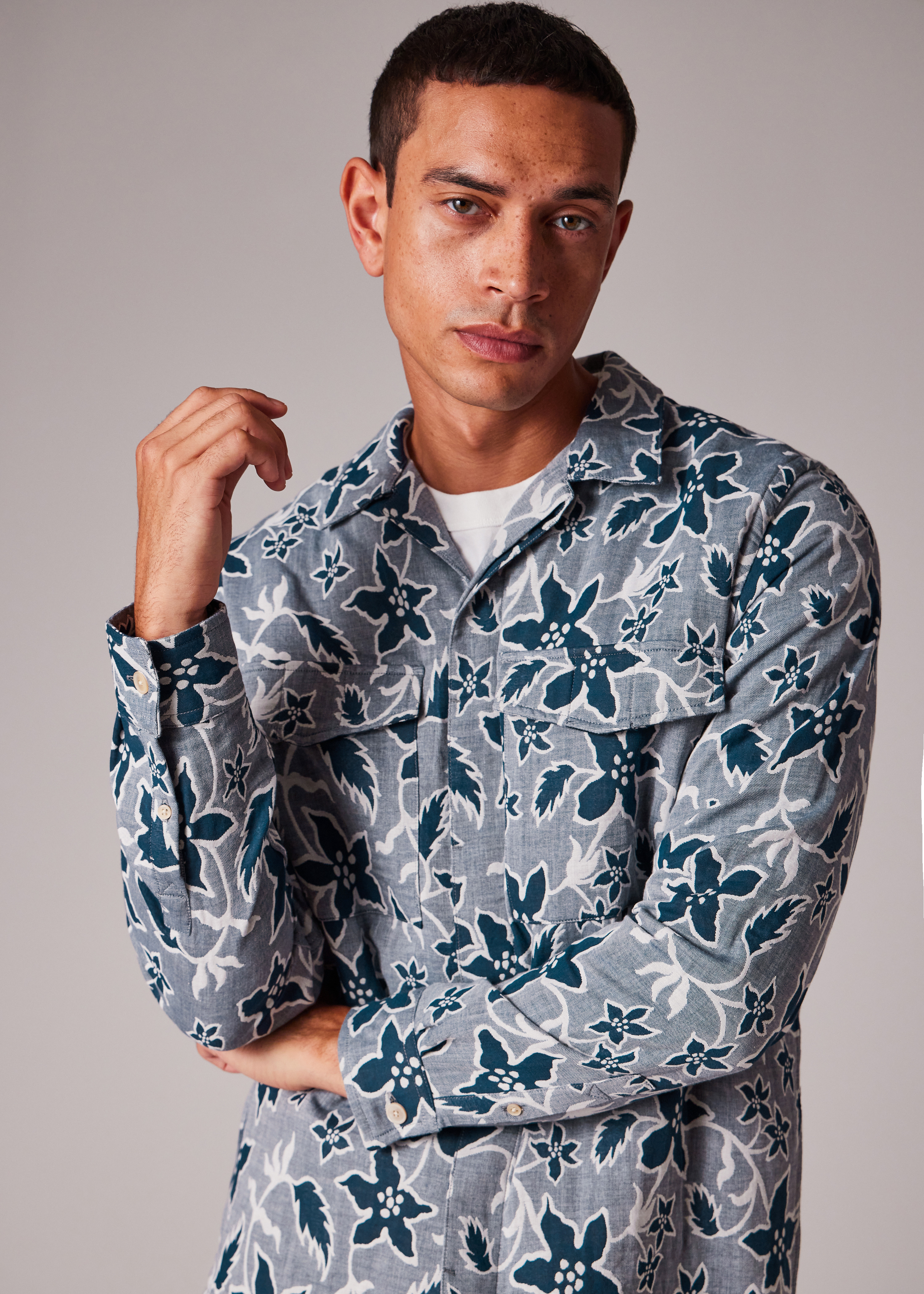 Blue Floral Double-Face Cotton Shirt - 3