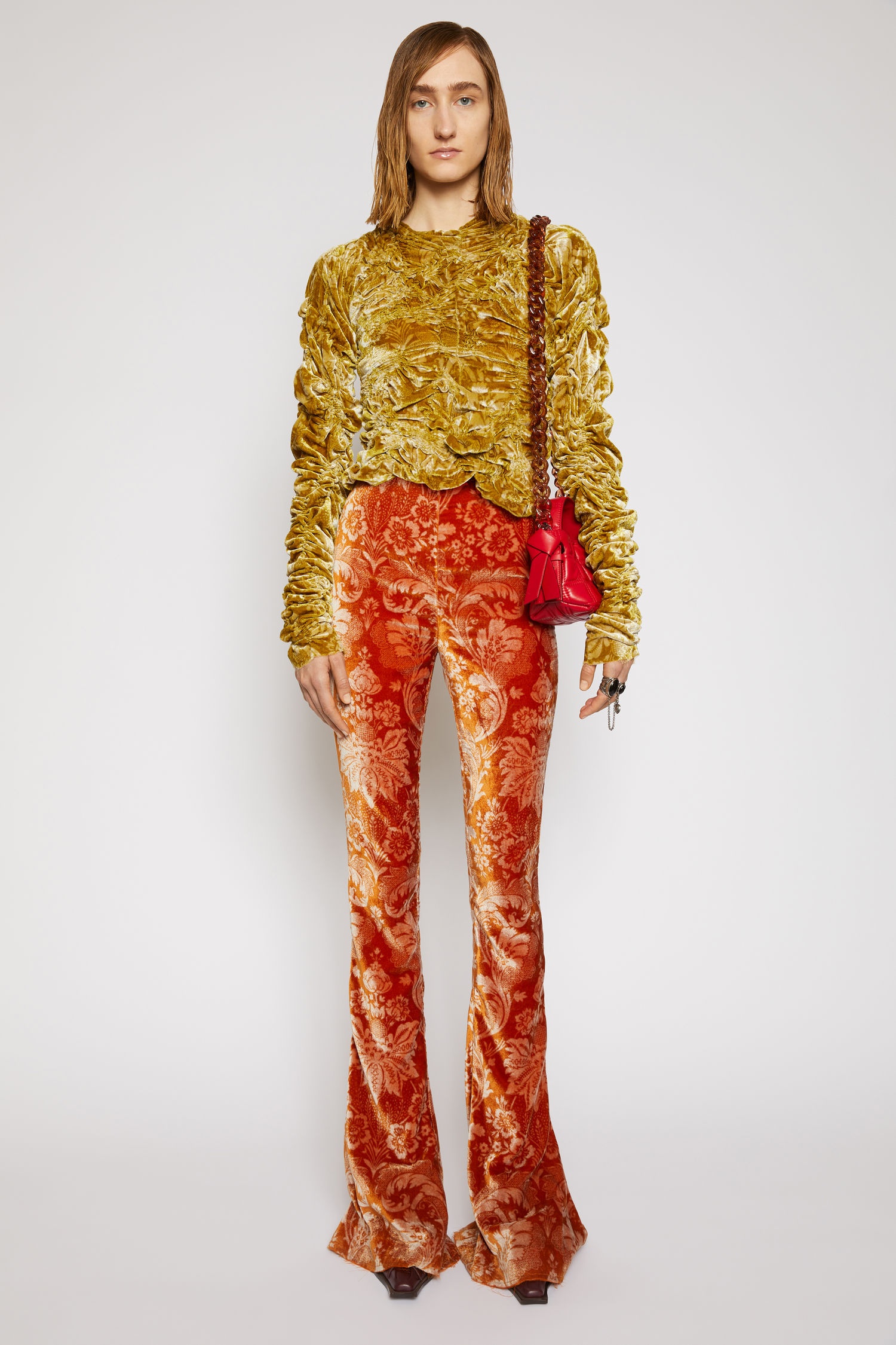 Floral-jacquard velvet trousers rust orange - 2