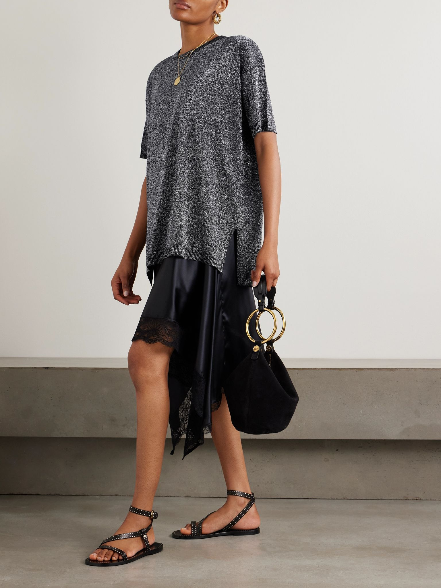 Oversized metallic knitted T-shirt Silver - 2