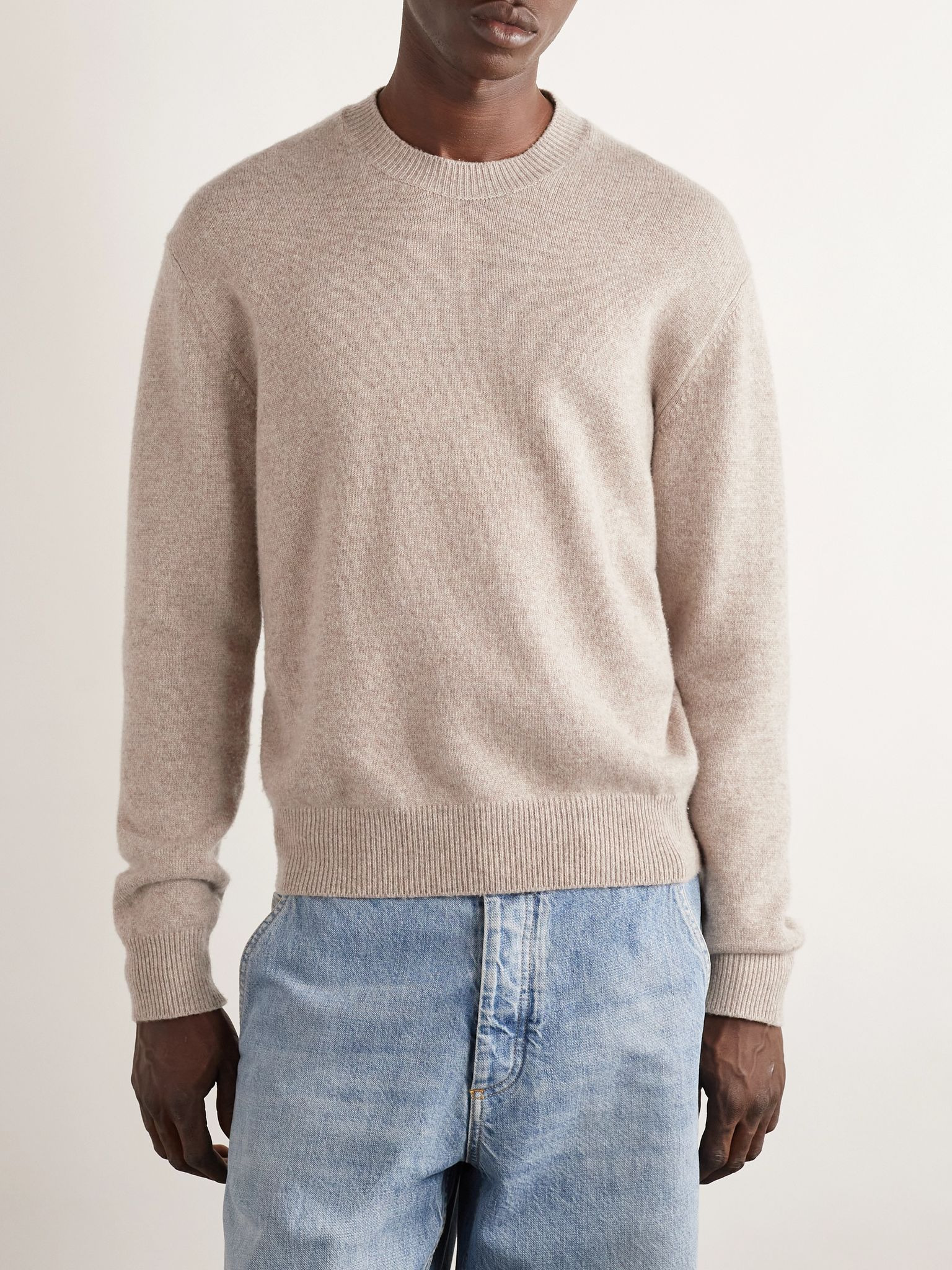 Intrecciato Leather-Trimmed Cashmere-Blend Sweater Beige - 3