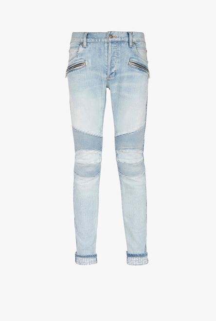 Slim cut faded and ridged light blue denim cotton jeans with Balmain monogram on hem - 1