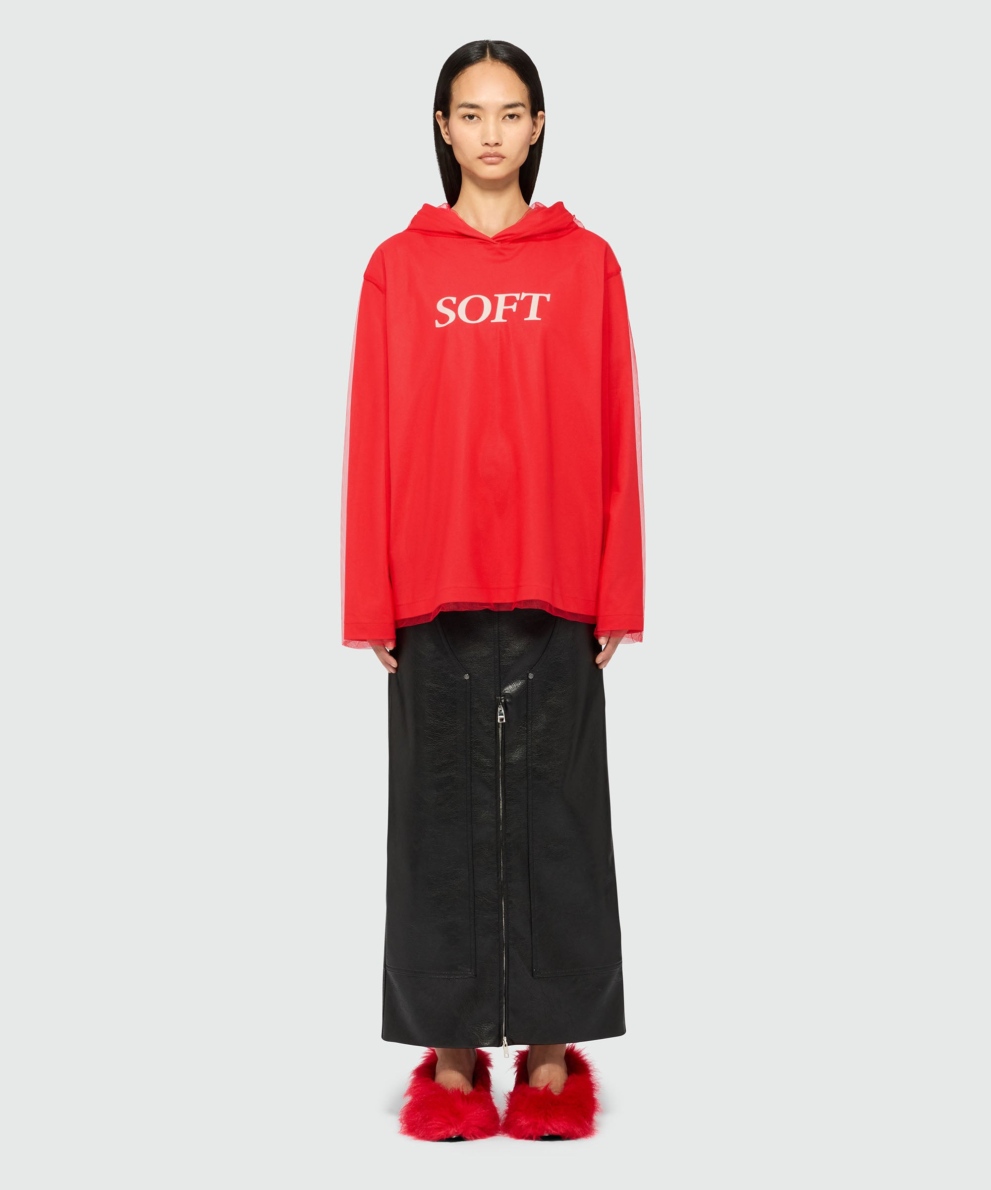 Red hooded sweatshirt in tulle and cotton with "SOFT" print - 2