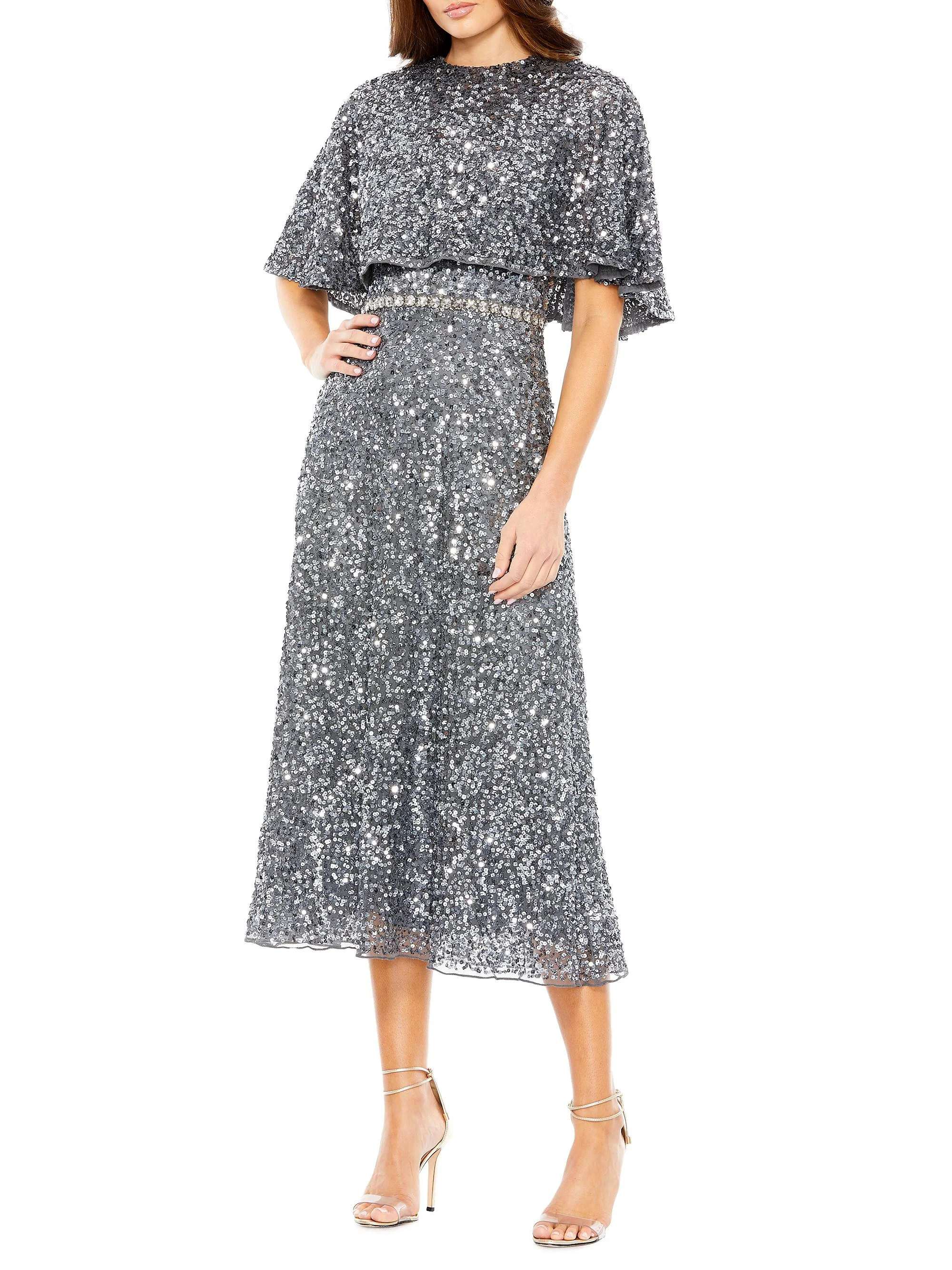 Women's Sequined Cape Midi-Dress - Charcoal - 1