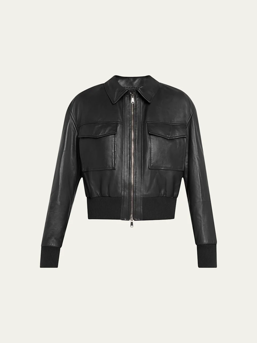 Monili-Neck Smooth Glove Leather Bomber Jacket - 1