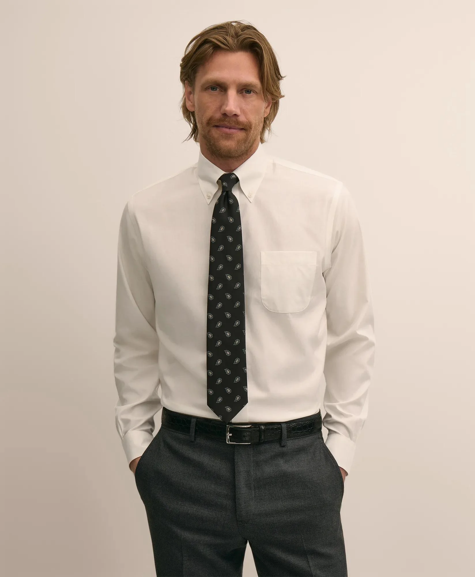 Stretch Supima® Cotton Non-Iron Twill Polo Button Down Collar, Heathered Sport Shirt - 1