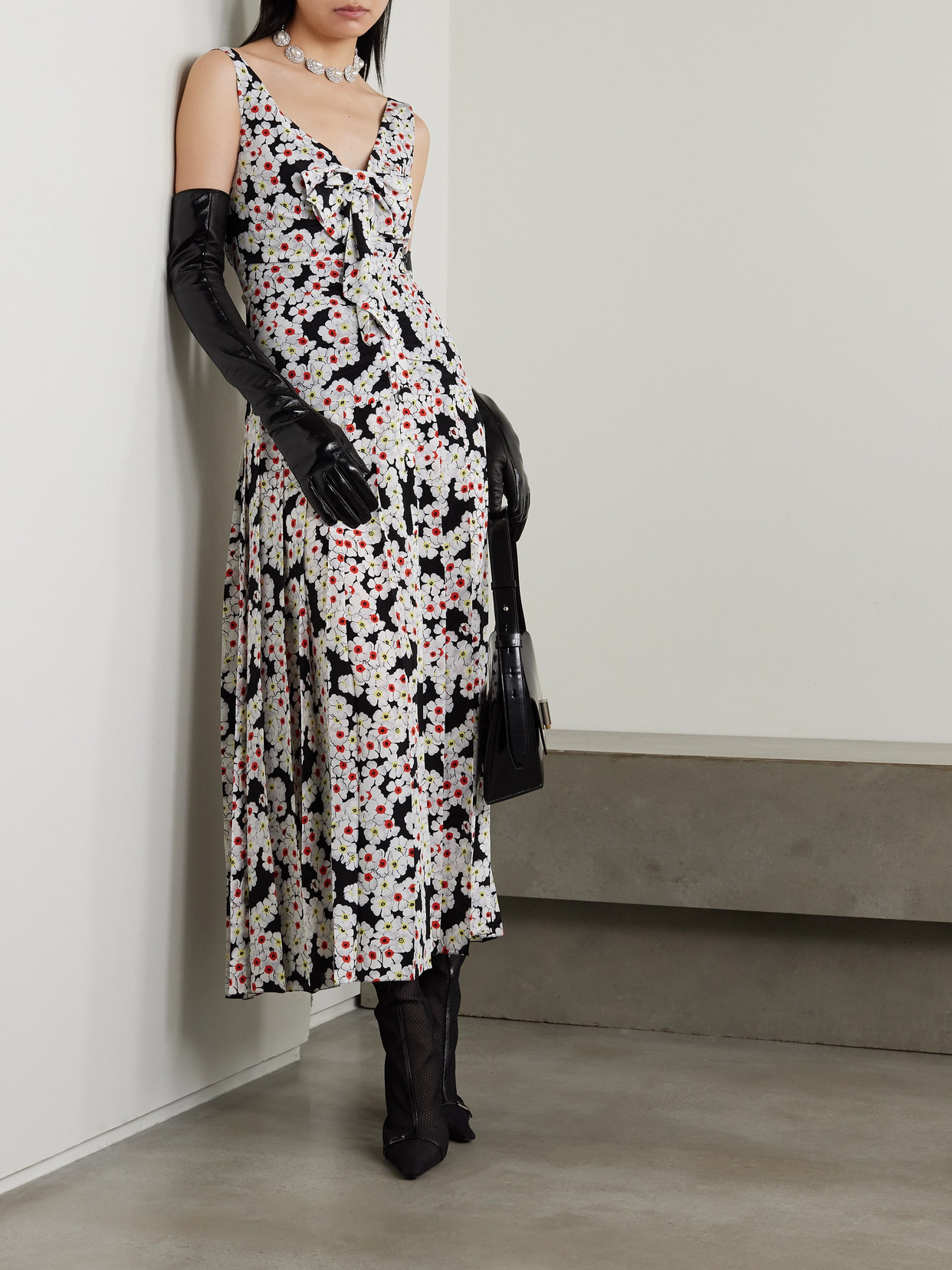 Bow-detailed Pleated Floral-print Silk Crepe De Chine Midi Dress - 2