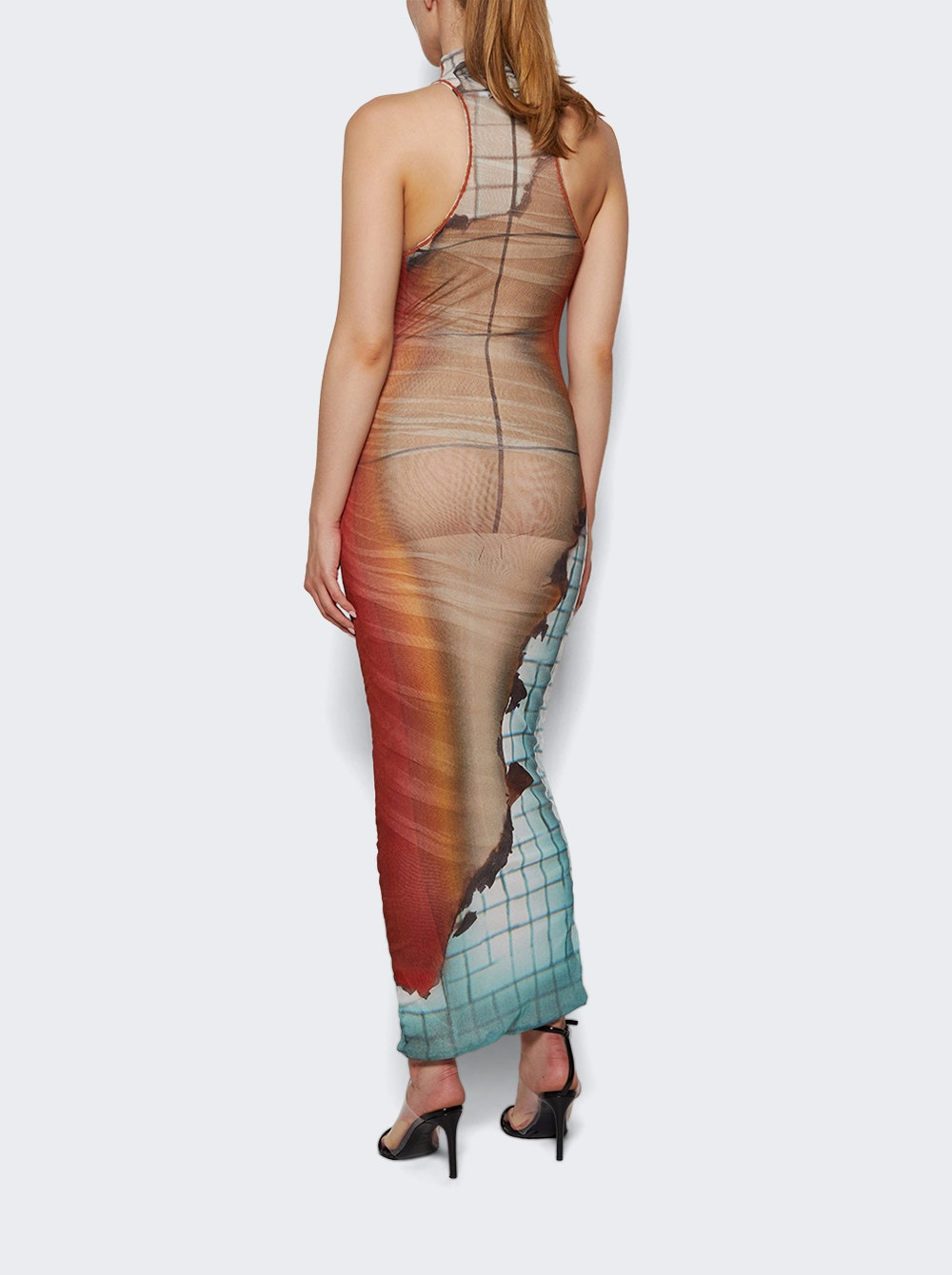 Mesh High Neck Long Dress Fire Print - 4