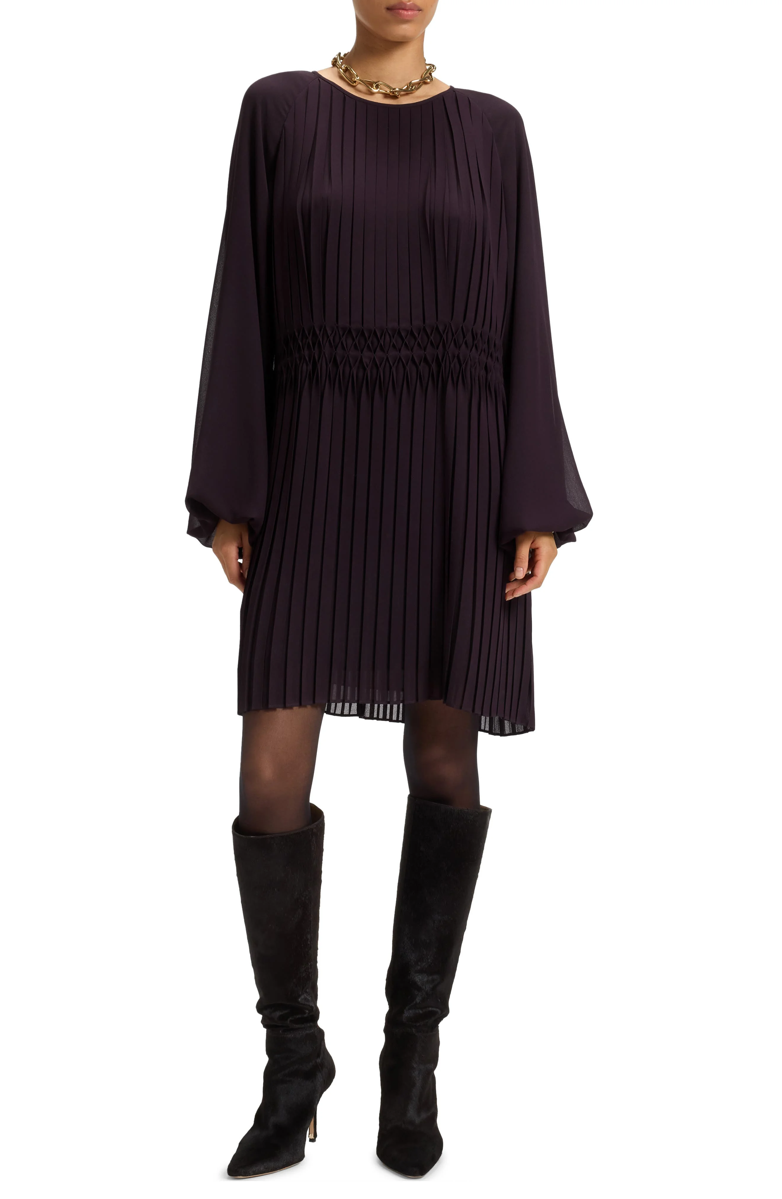 BOSS Daliette Pleated Long Sleeve Dress in Dark Carmine at Nordstrom - 1