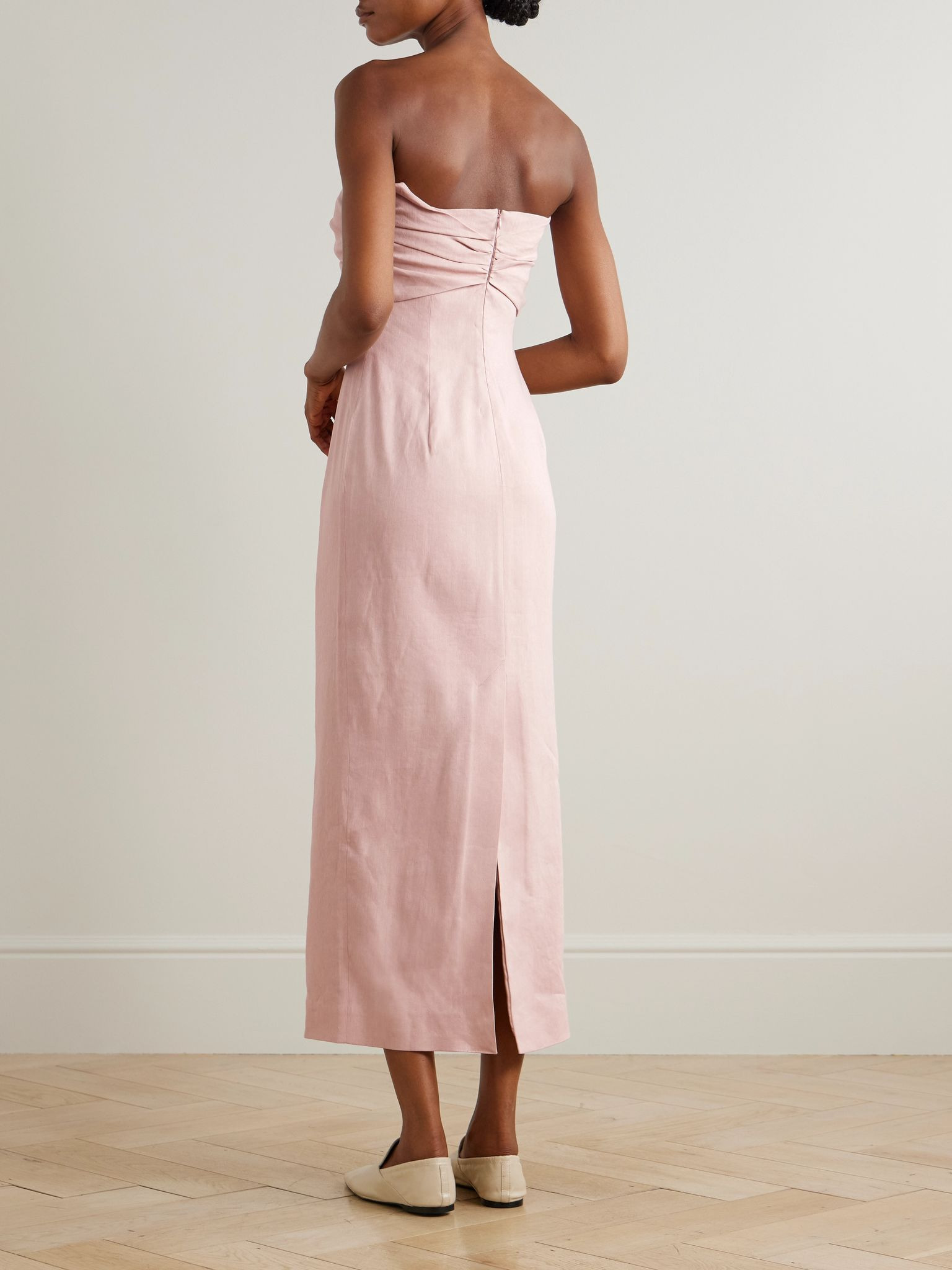 Rahel gathered tie-front linen-blend midi dress Baby pink - 3