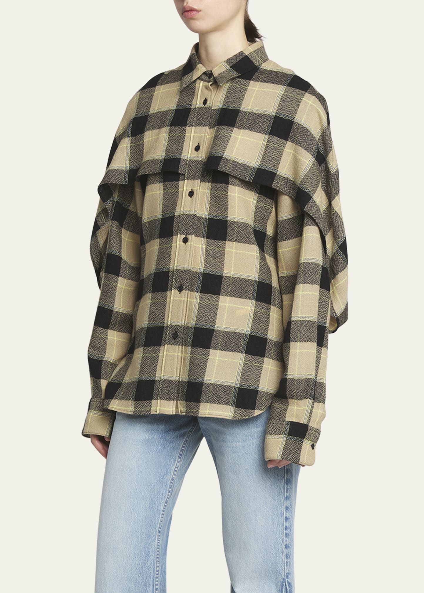 Plaid Wool Cape Detail Long-Sleeve Shirt - 4