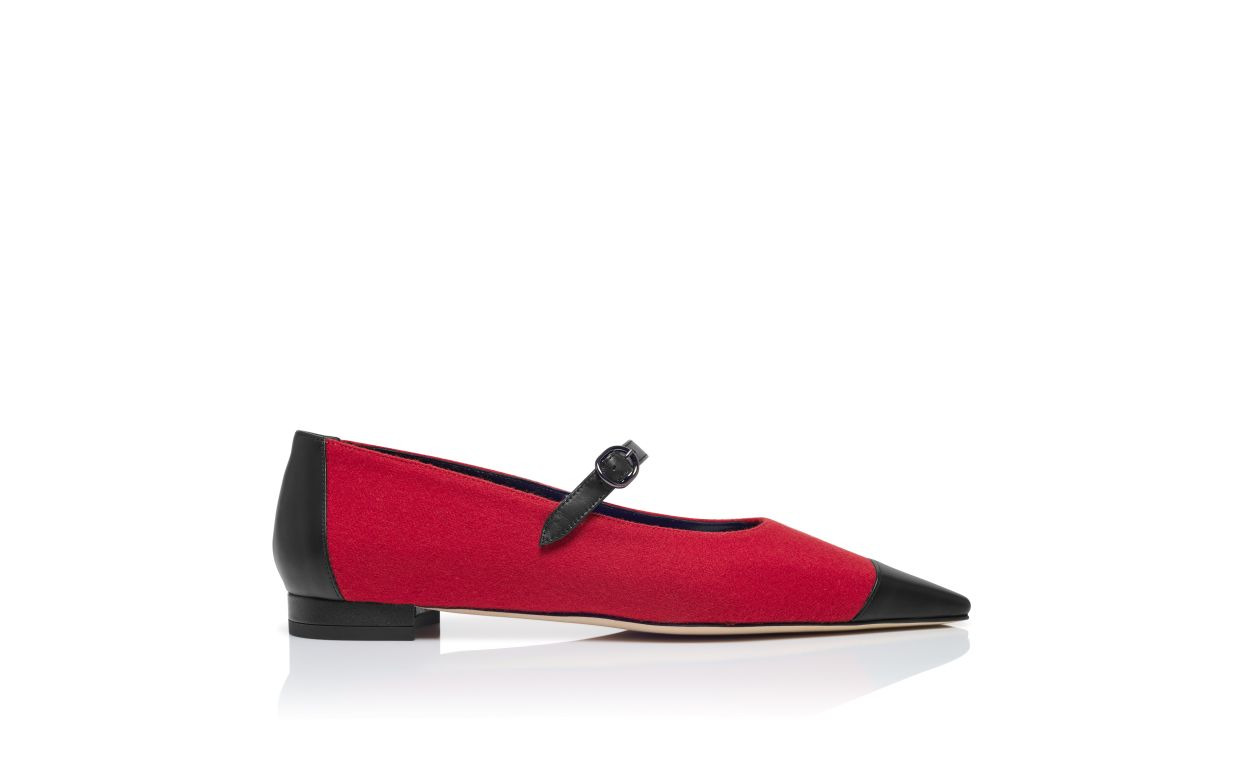 Red and Black Wool Mary Jane Flat Pumps - 2