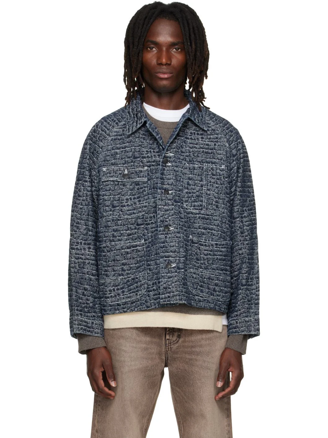 Navy Crocodile Jacquard Short Denim Jacket - 1