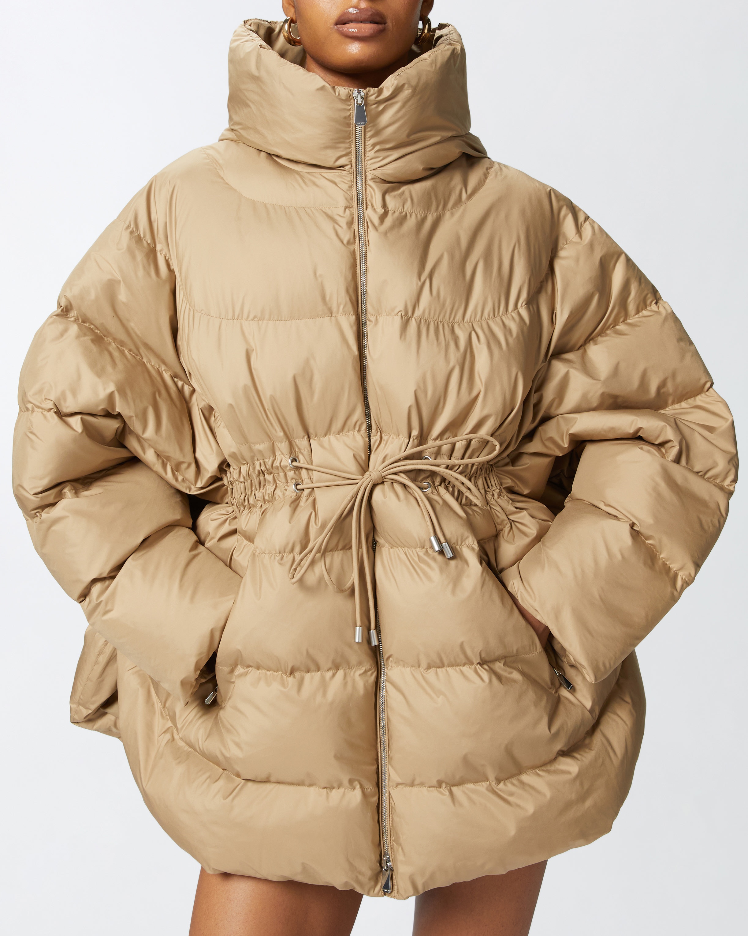 PADDED AND QUILTED FLARED PUFFER JACKET WITH DRAWSTRING - 5