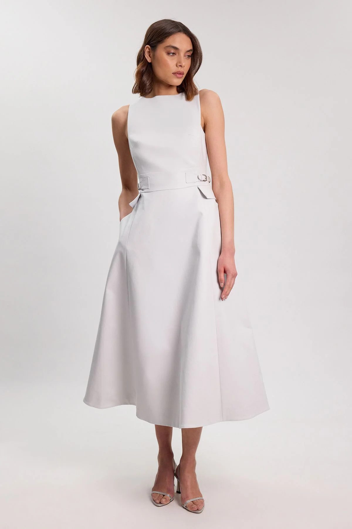 Premium Cotton Tailored Fabric Belted Buckle Midi Dress - 1