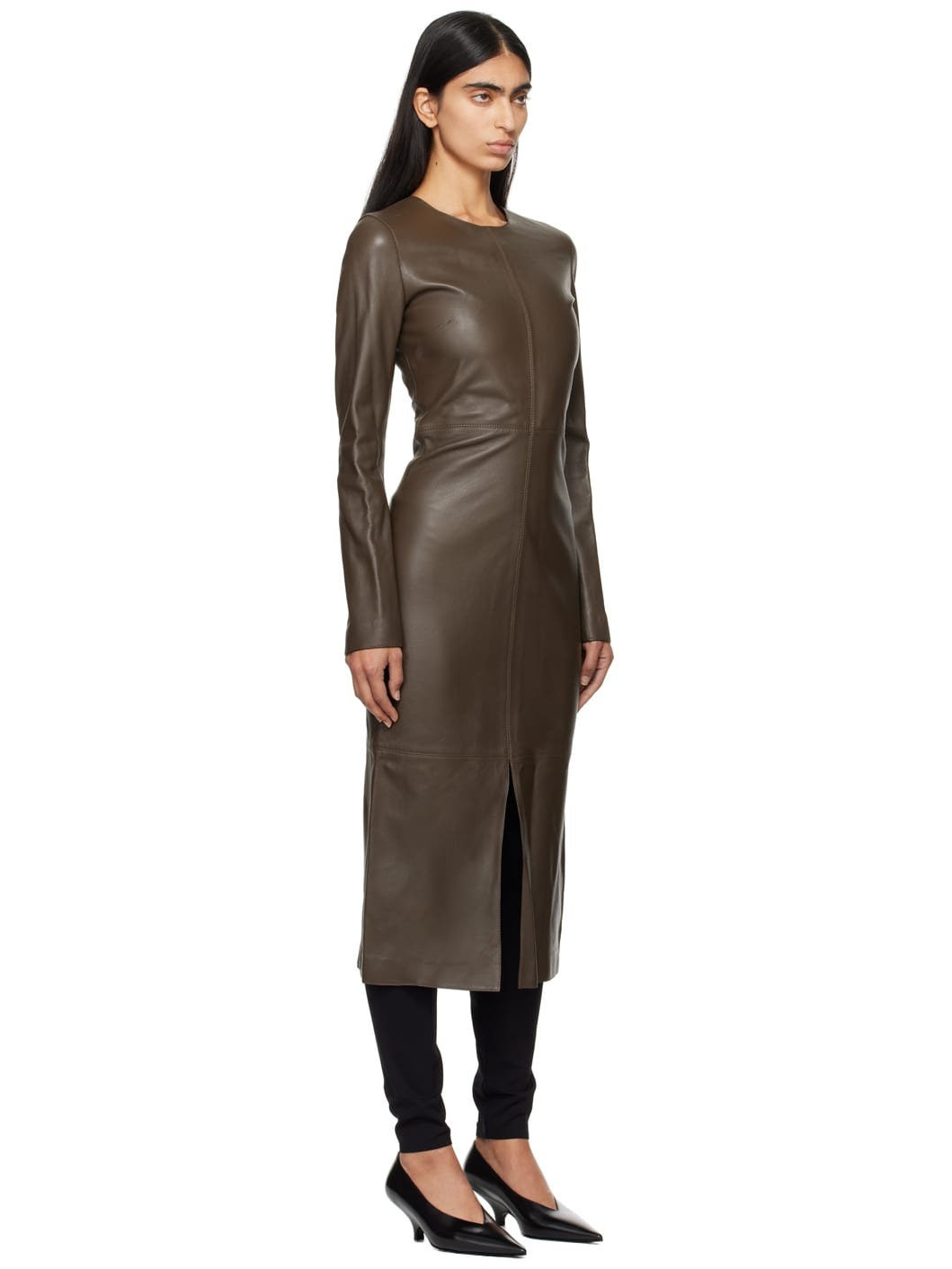 Brown Paneled Leather Midi Dress - 2
