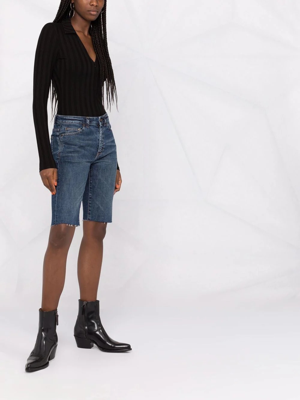 knee-length denim shorts - 4