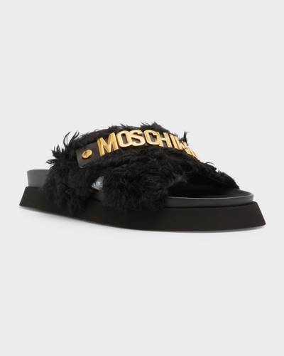 Moschino Men's Faux Fur Logo Leather Slides outlook