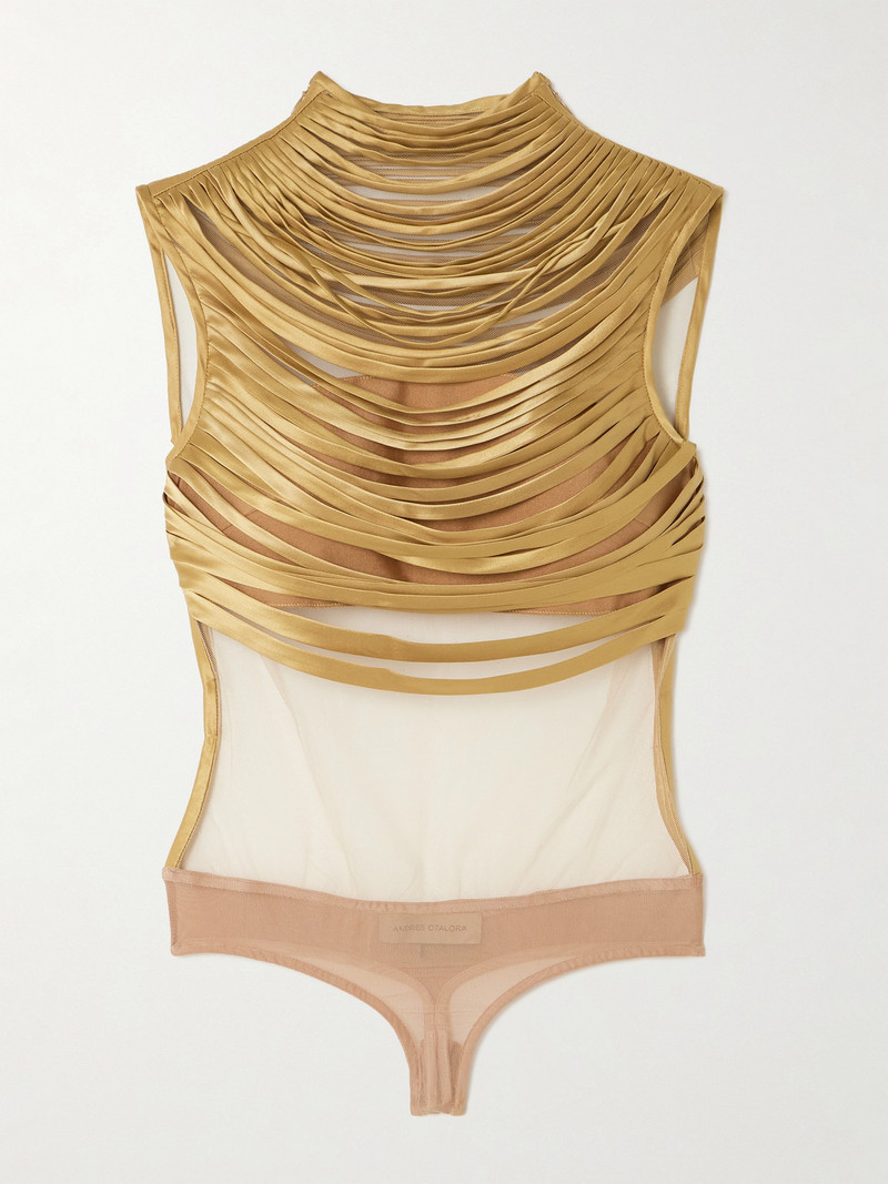 Pulsos Fringed Silk-charmeuse And Mesh Bodysuit 1