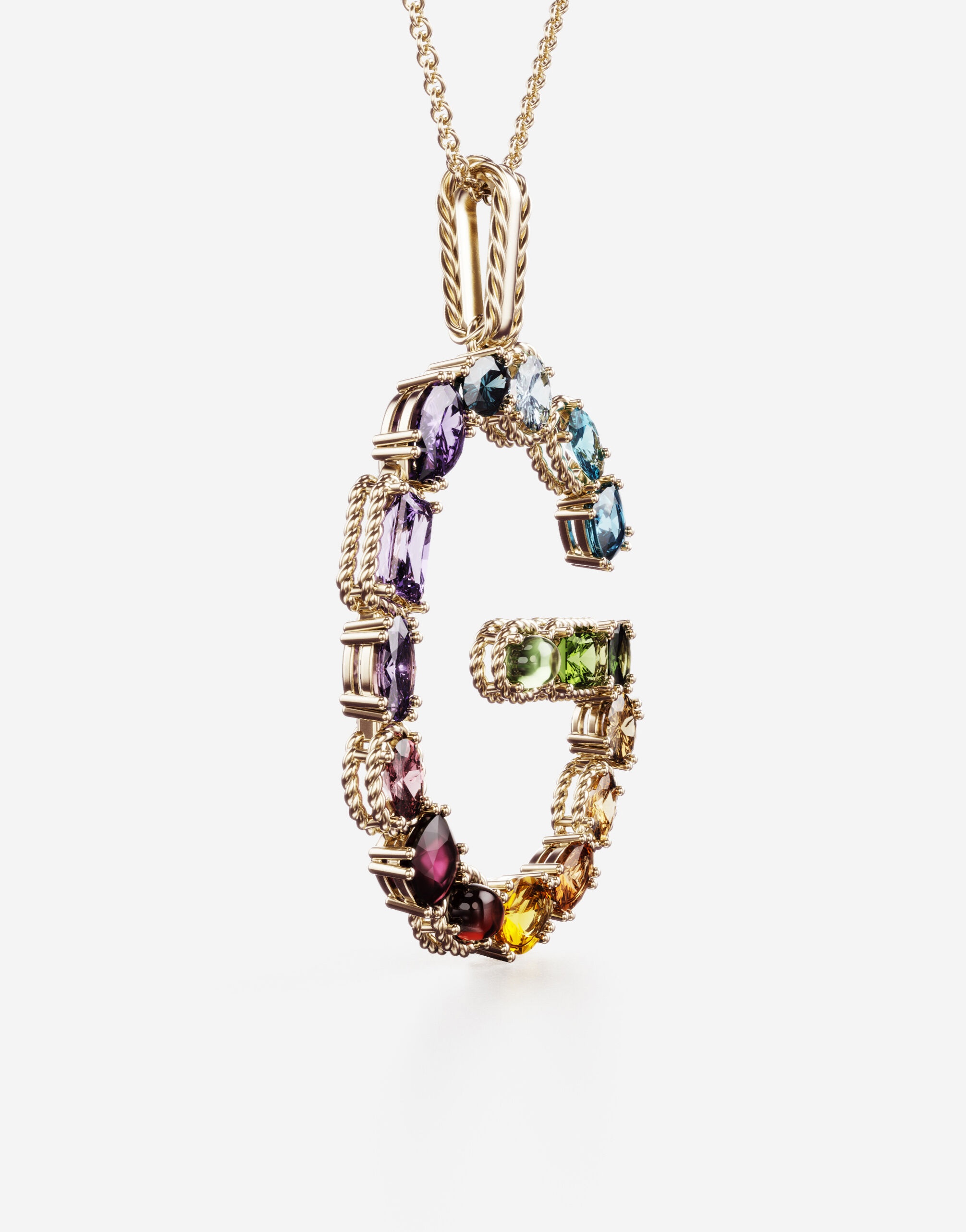 Rainbow alphabet G pendant in yellow gold with multicolor fine gems - 4
