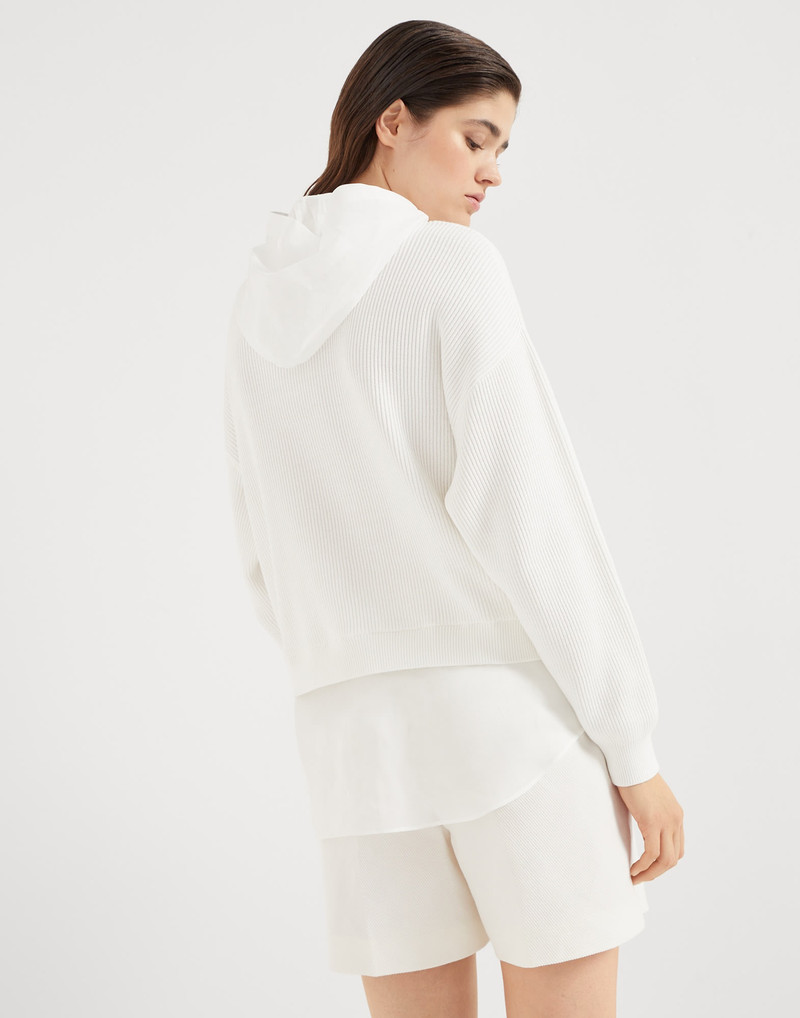 Brunello Cucinelli Cotton organza and English rib knit faux-layered sweatshirt with detachable hood and monili outlook