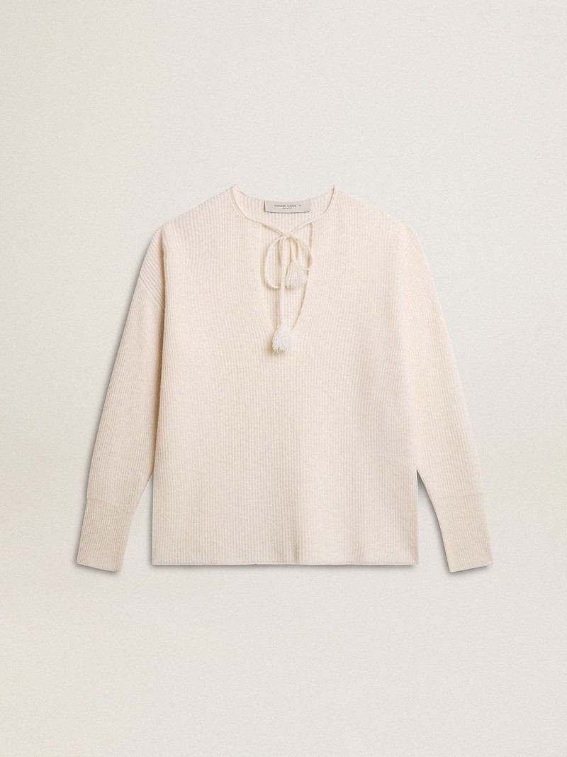 Ribbed wool sweater with V neck and drawstring with tassels 1