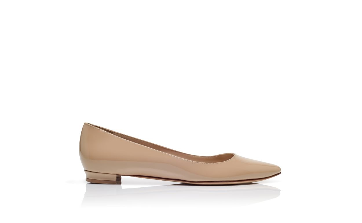 Light Beige Patent Leather Pointed Toe Flat Pumps - 1