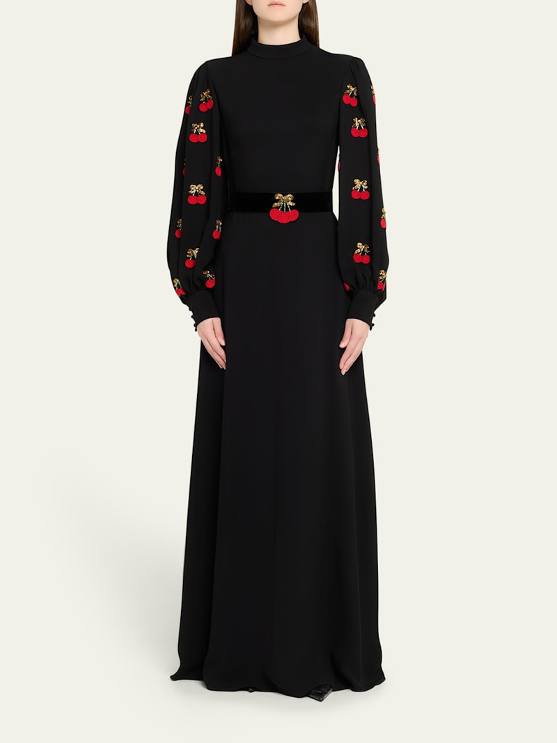 Valentino Cherry Embroidered Belted Puff-Sleeve Gown outlook