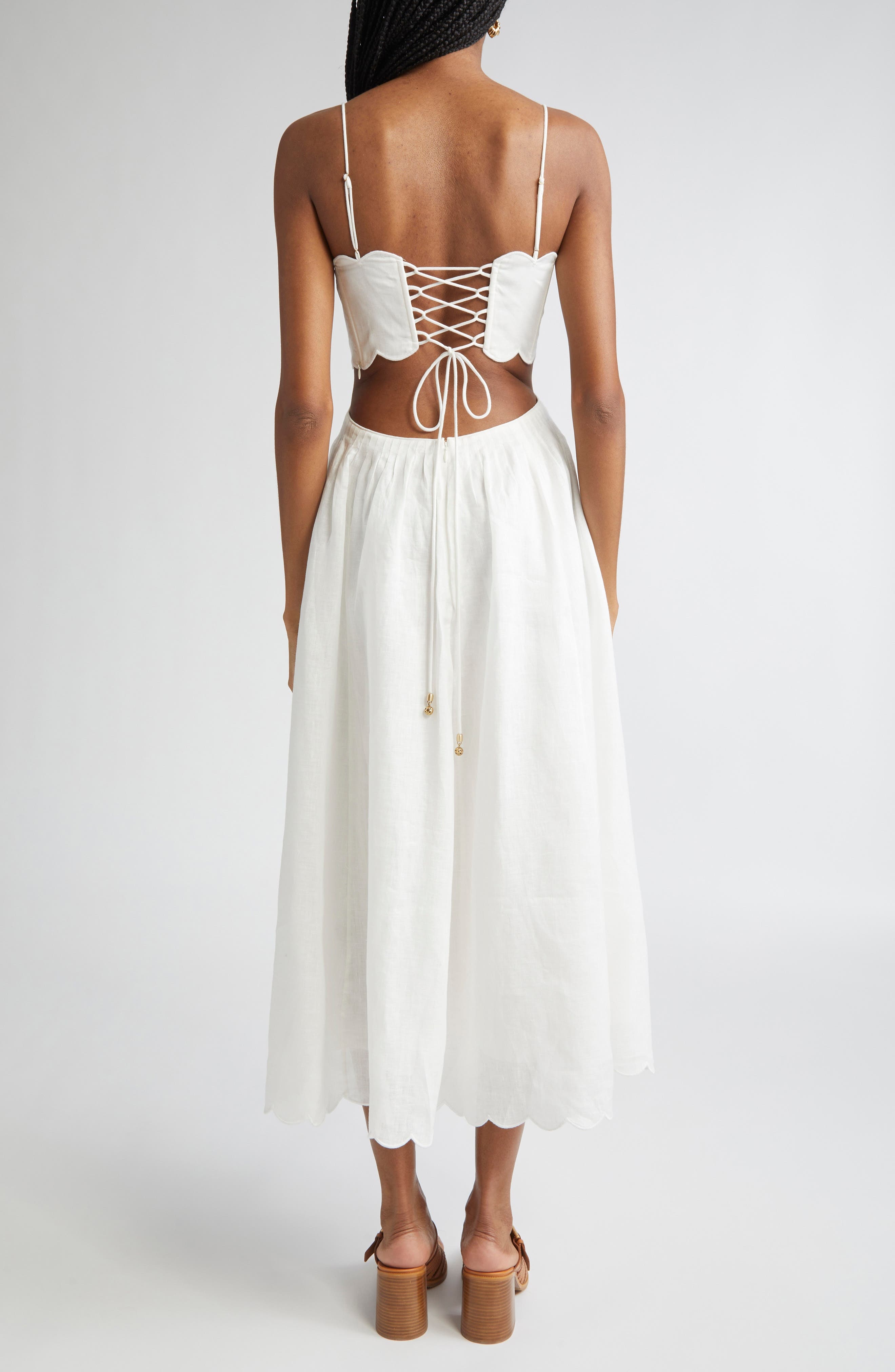 Zimmermann Rhiannon Corset Bodice Scallop Linen Midi Sundress in Ivory at Nordstrom - 2