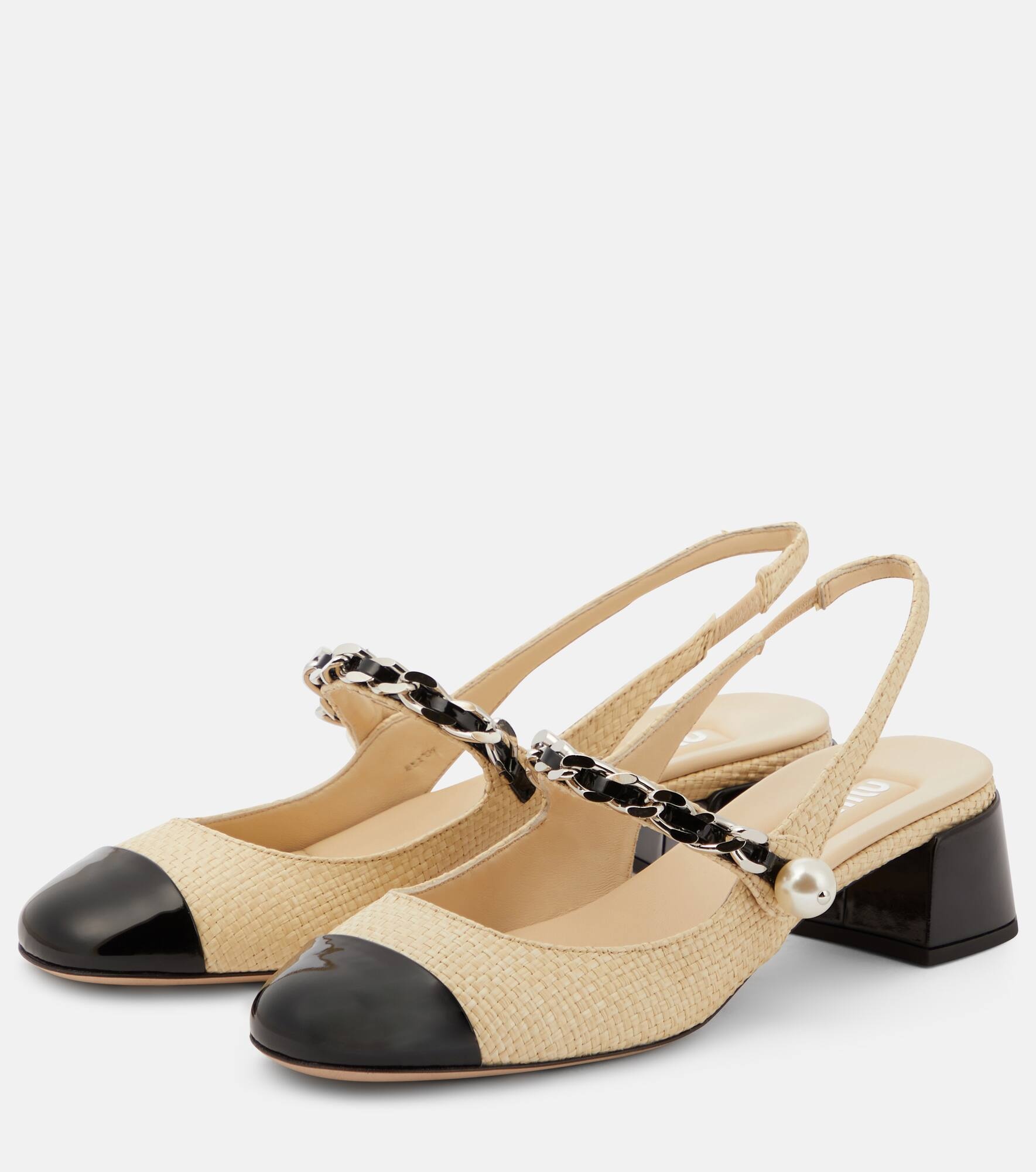 Leather-trimmed raffia slingback pumps - 5