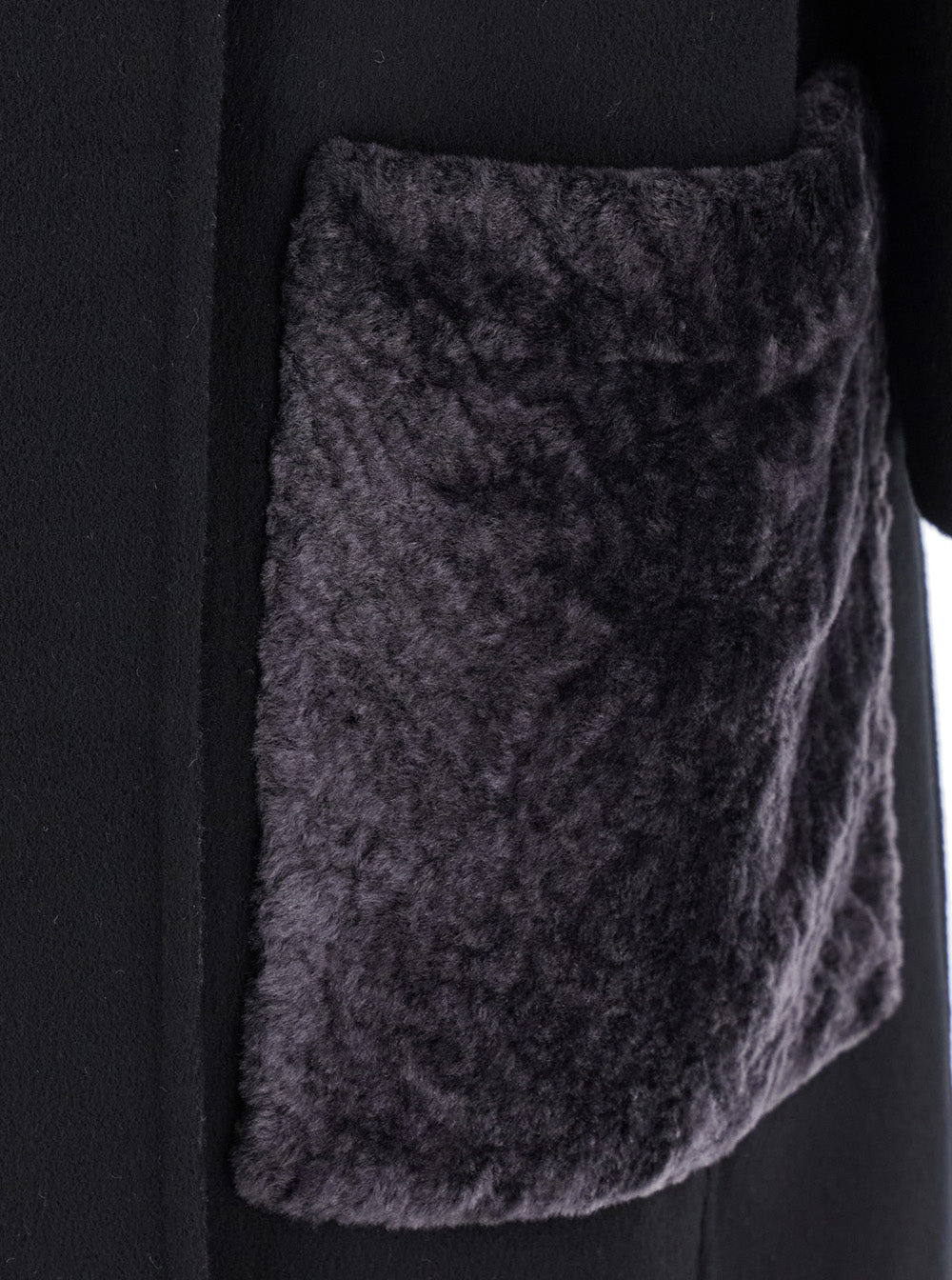 Fendi Women Black Crewneck Coat With Puffed Sleeves And Two Front Shearling Pockets In Wool Blend Wo - 3