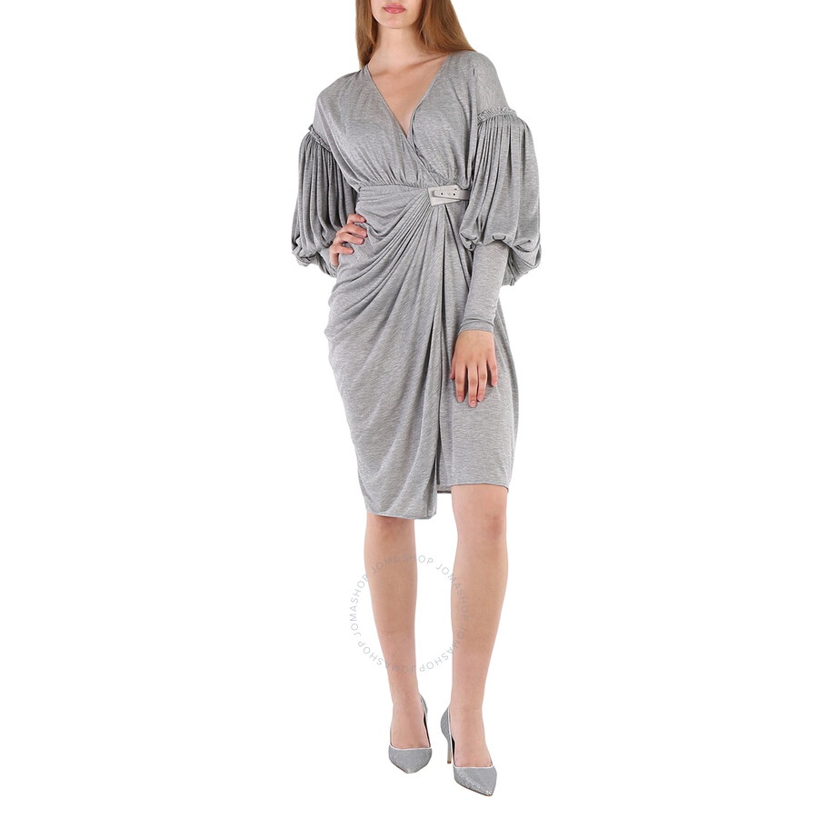 Burberry Ladies Pewter Melange Draped-front Balloon-sleeve Jersey Dress - 4