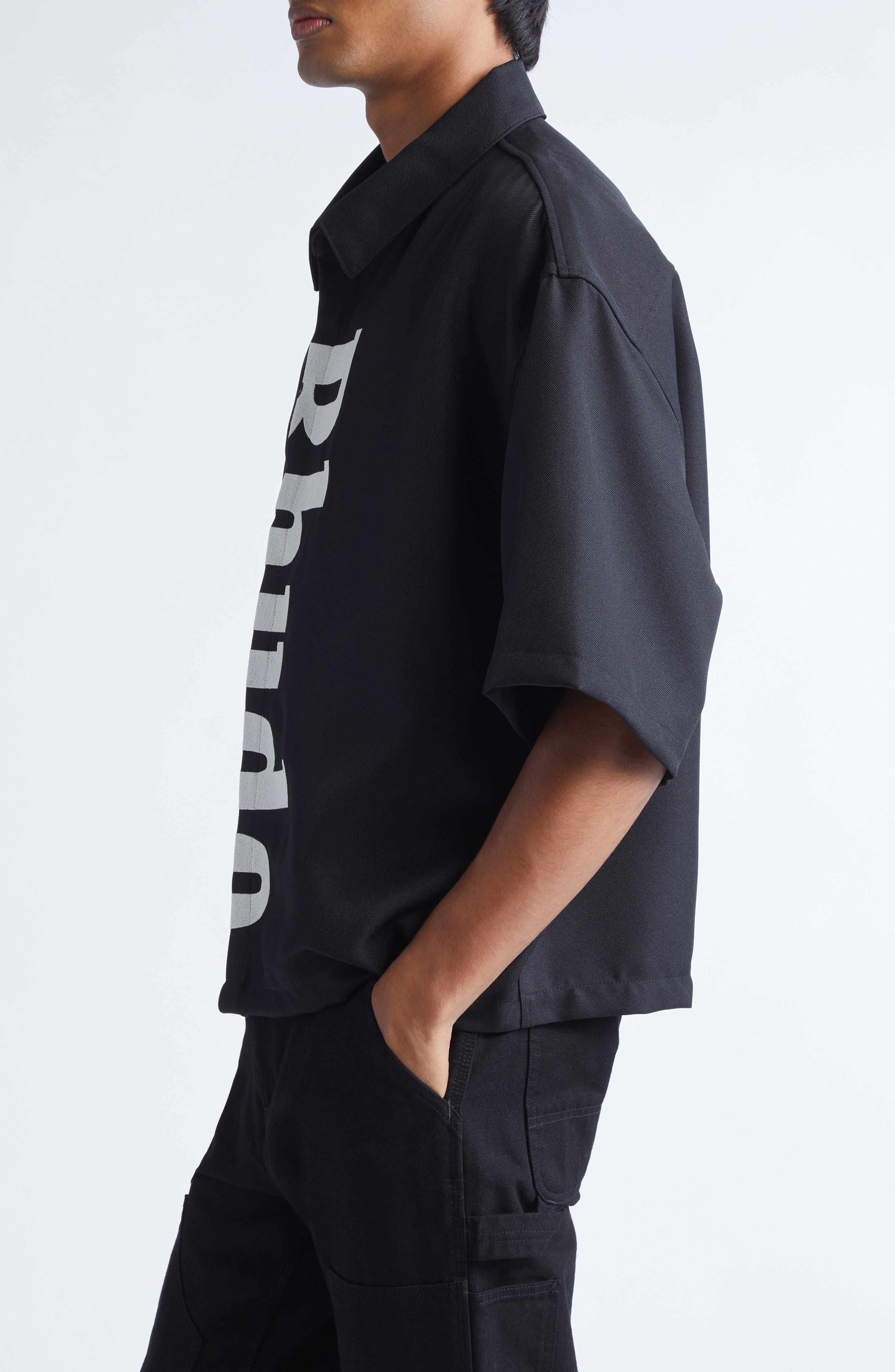 Rhude Center Logo Wool Gabardine Button-Up Shirt in Black /White 3028 at Nordstrom - 3