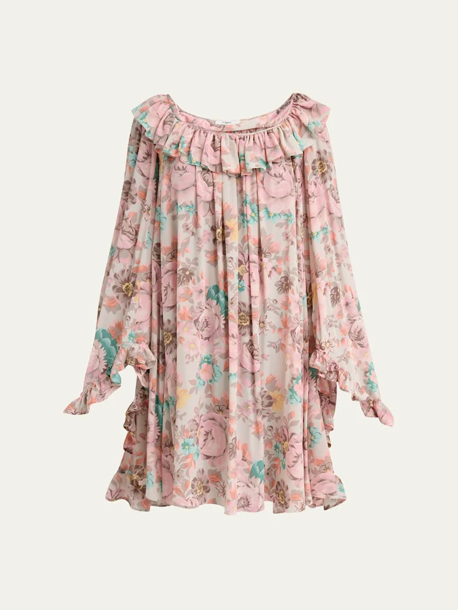 Ruffle-Trim Silk Mini Shift Dress - 1