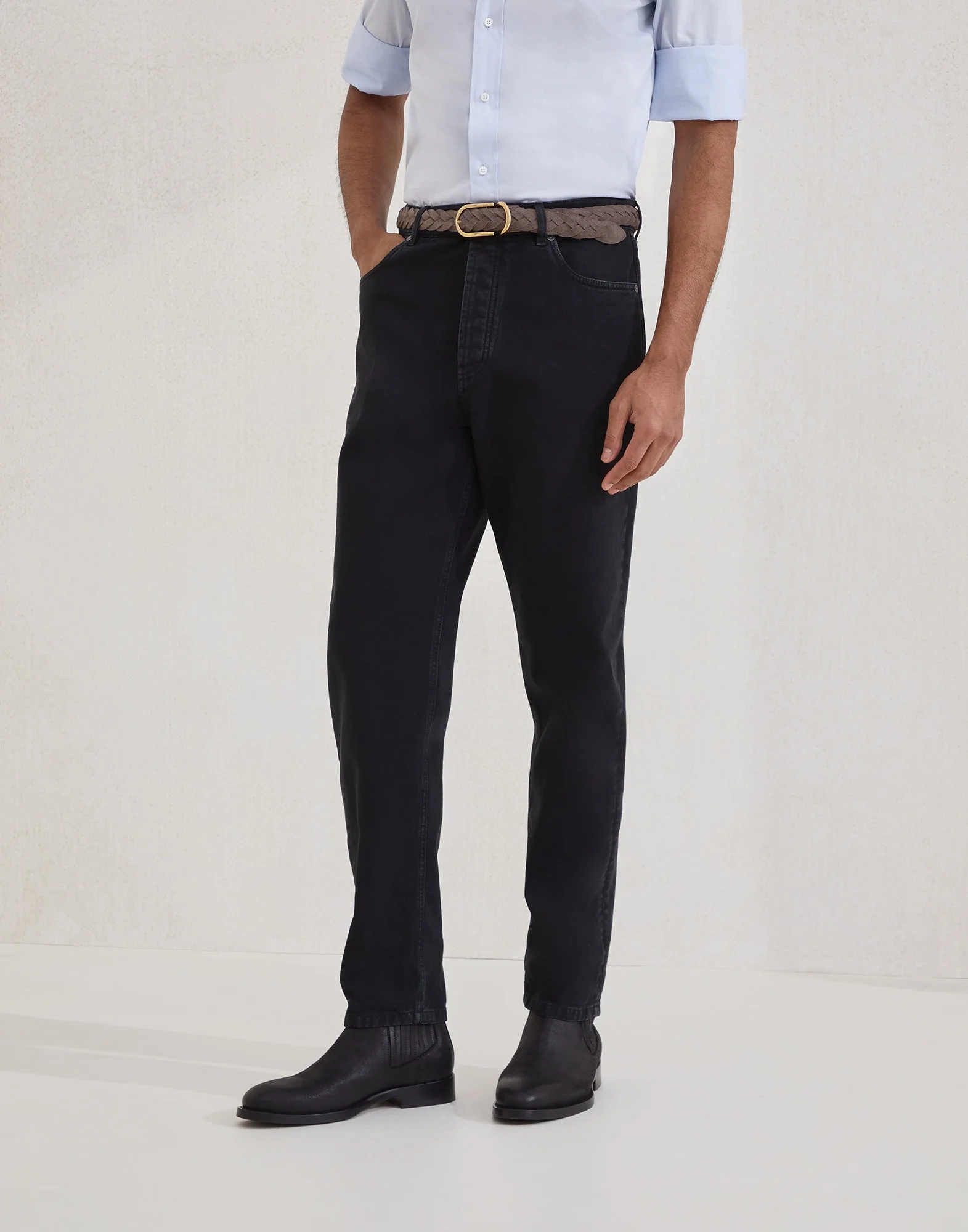 Garment-dyed iconic fit five-pocket trousers in denim - 1