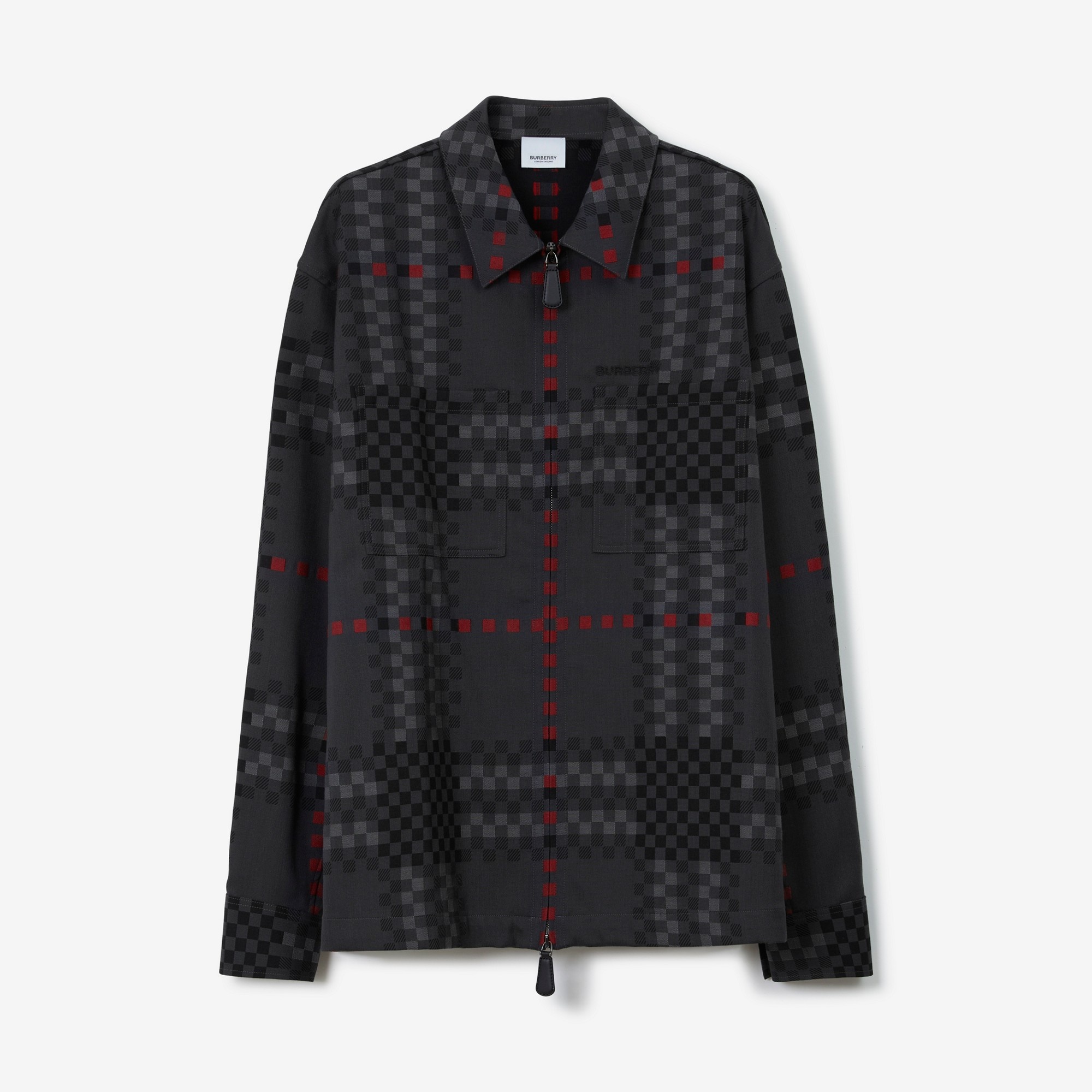Pixel Check Wool Cotton Blend Zip-front Shirt - 1