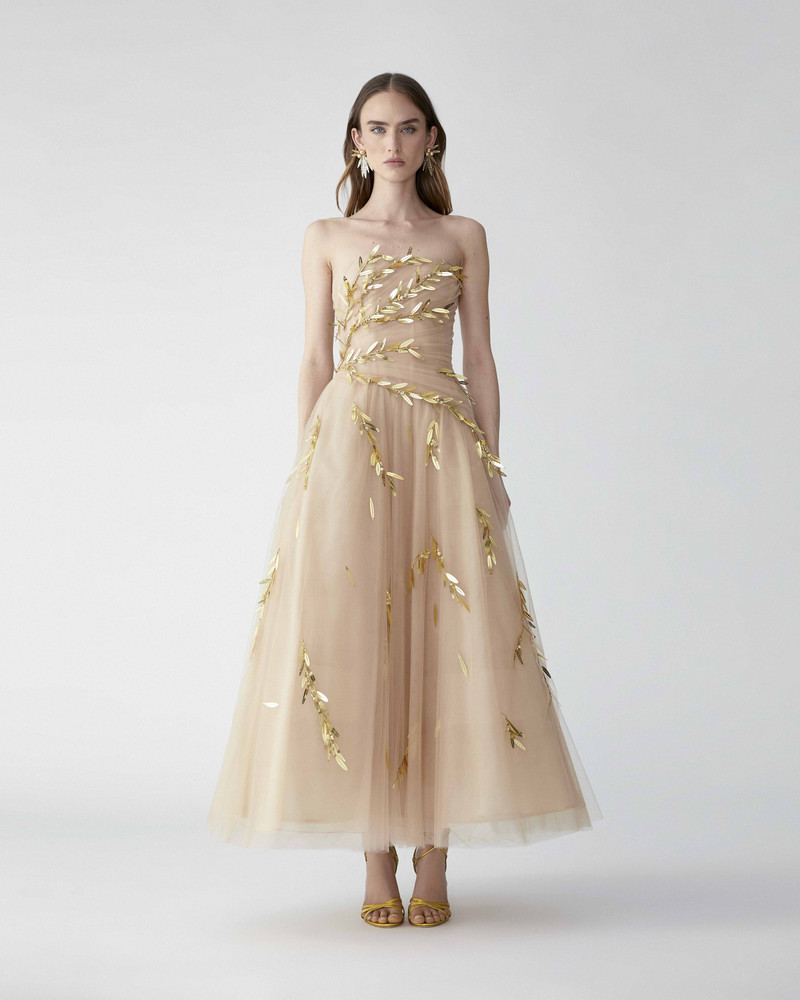 CAROLINA HERRERA Embroidered Tulle Strapless Midi Dress outlook