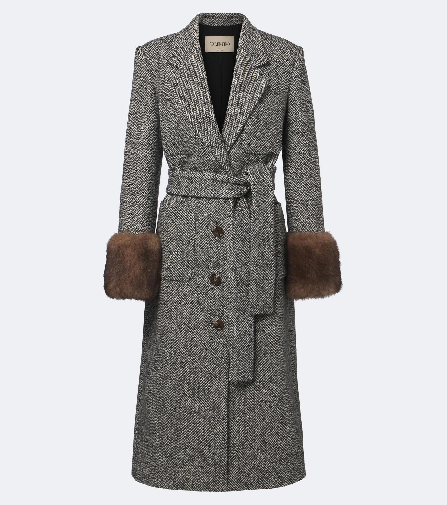 Herrinbone shearling-trimmed wool-blend coat - 1