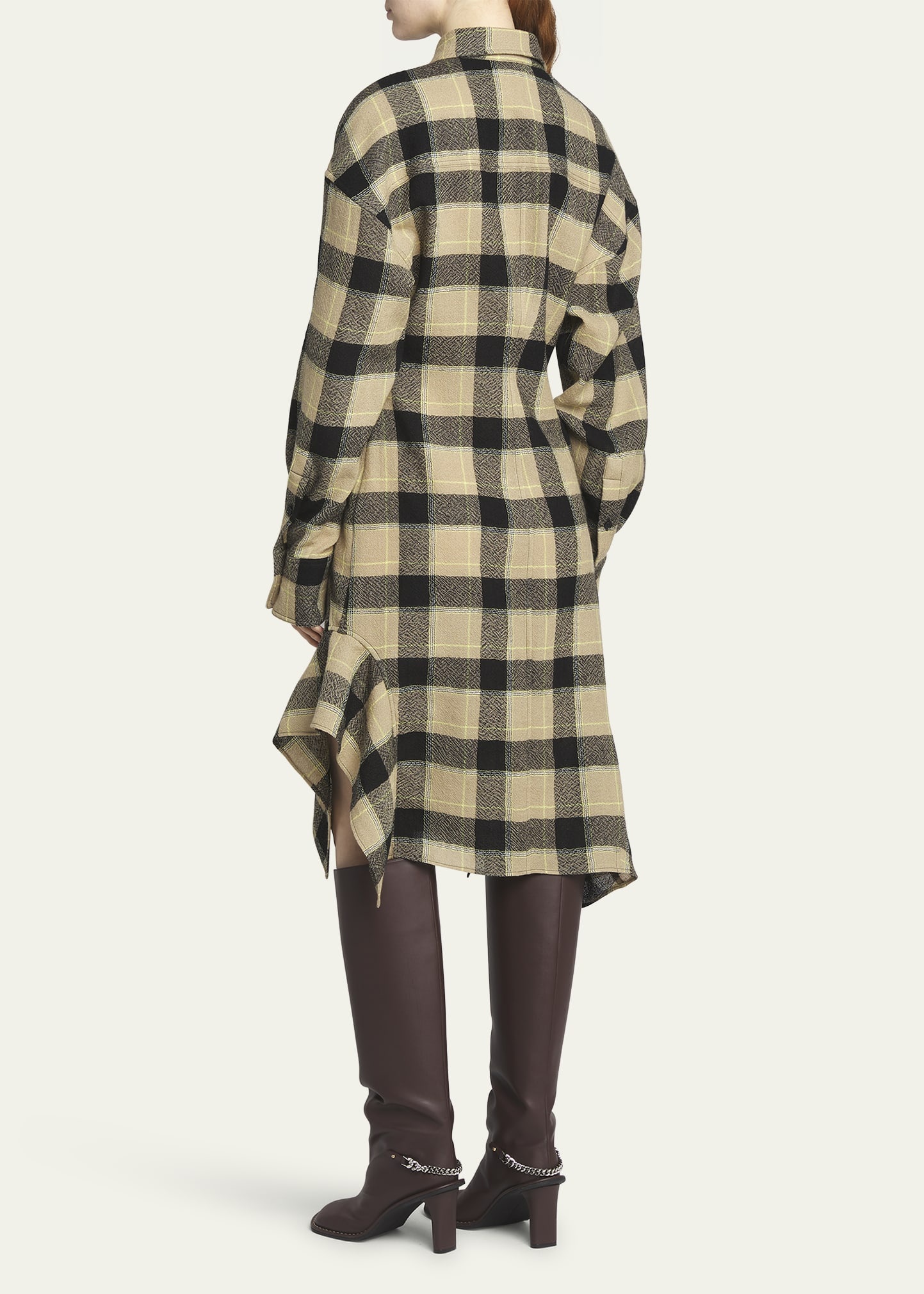 Plaid Wool Asymmetric Midi Shirtdress - 3