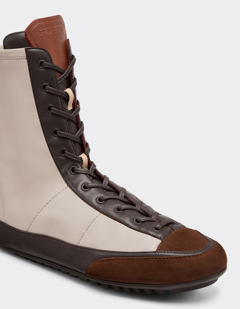 Nappa leather, suede and stretch fabric high-top driver sneaker 6