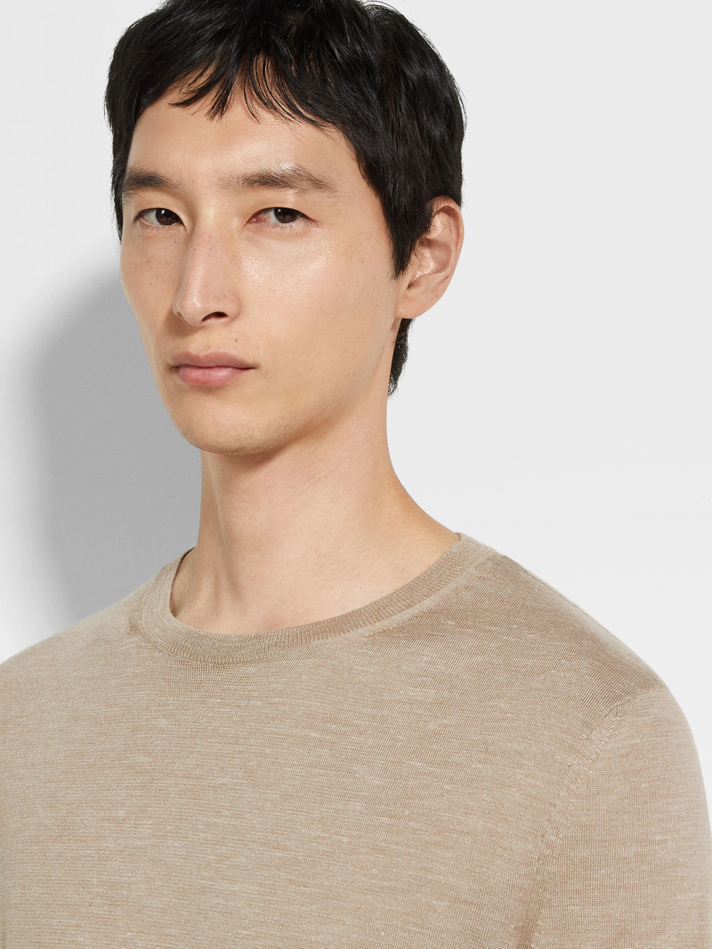 ZEGNA LIGHT TAUPE MÉLANGE SILK CASHMERE AND LINEN CREWNECK outlook