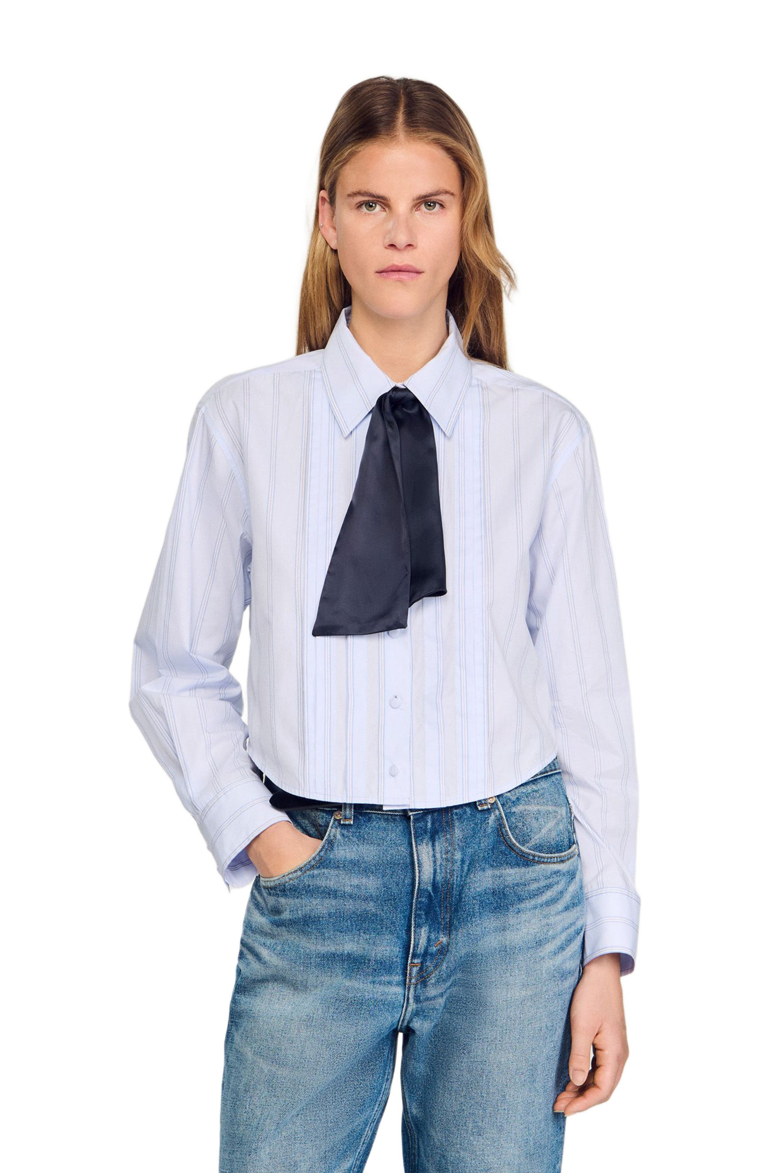 SANDRO Cropped shirt with removable tie in Sky Blue at Nordstrom - 4