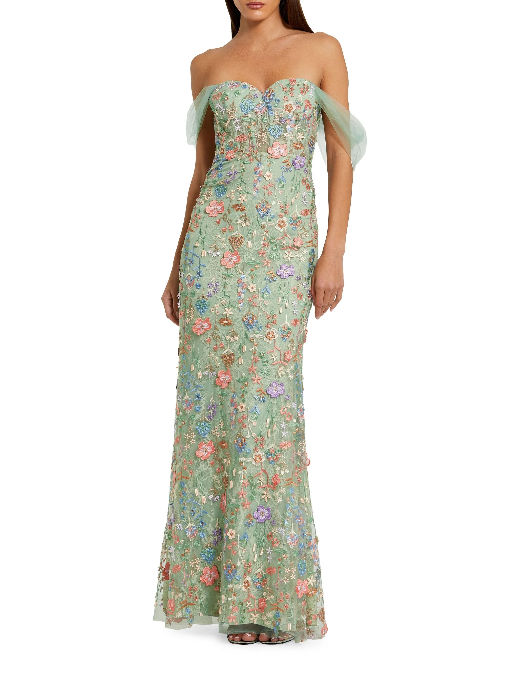 Women's Seasonless Embroidered Tulle Off-The-Shoulder Bustier Gown - Sage Multi - 1