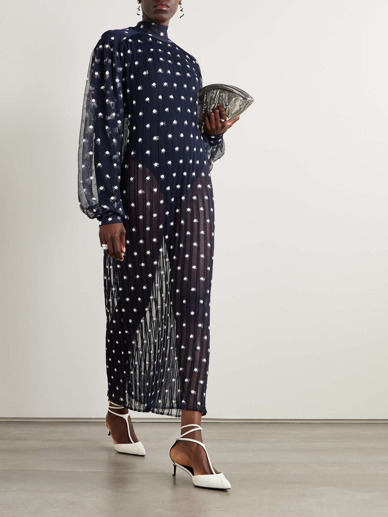 MARIE ADAM-LEENAERDT Polka-dot chiffon-trimmed ribbed-knit midi dress Navy outlook