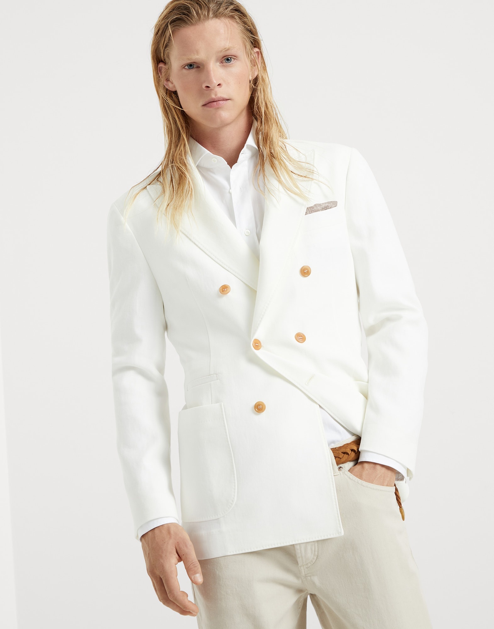 Twisted linen one-and-a-half breasted deconstructed blazer with patch pockets - 1