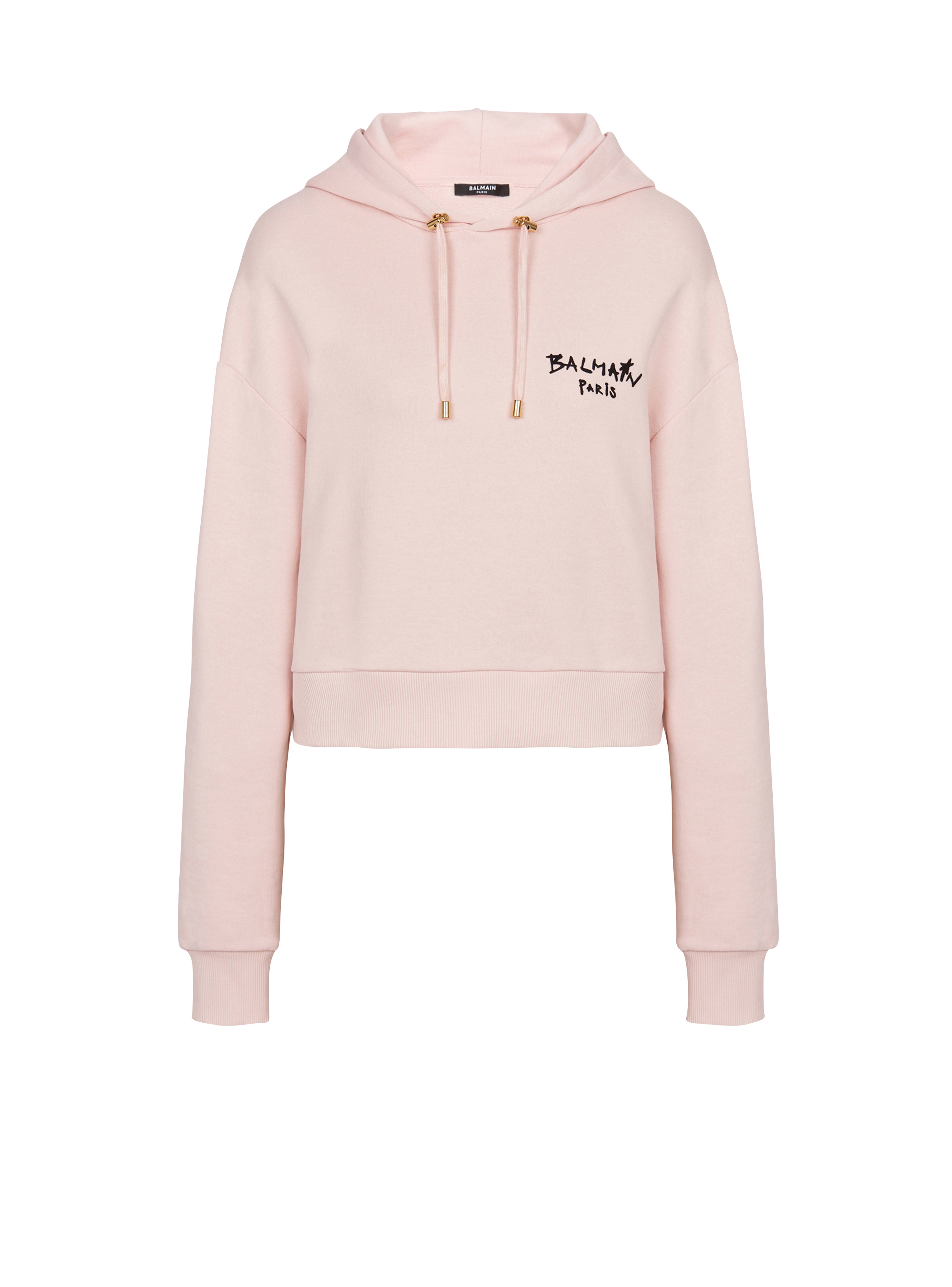 Cropped eco-design cotton sweatshirt with flocked graffiti Balmain logo - 1